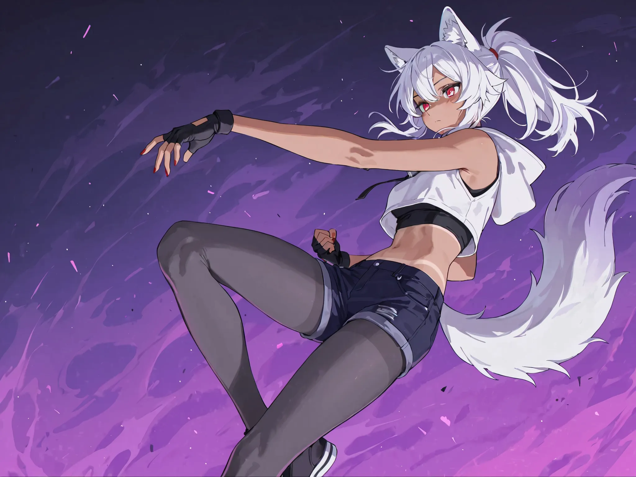 medium tan 1woman, wolf ears, white wolf tail with purple Ombré, white colored ponytail hair with purple Ombré, crimson red colored eyes, white cropped sleeveless hoodie, long black fingerless gloves,  black undershirt, dark blue jean shorts, gray long tig...