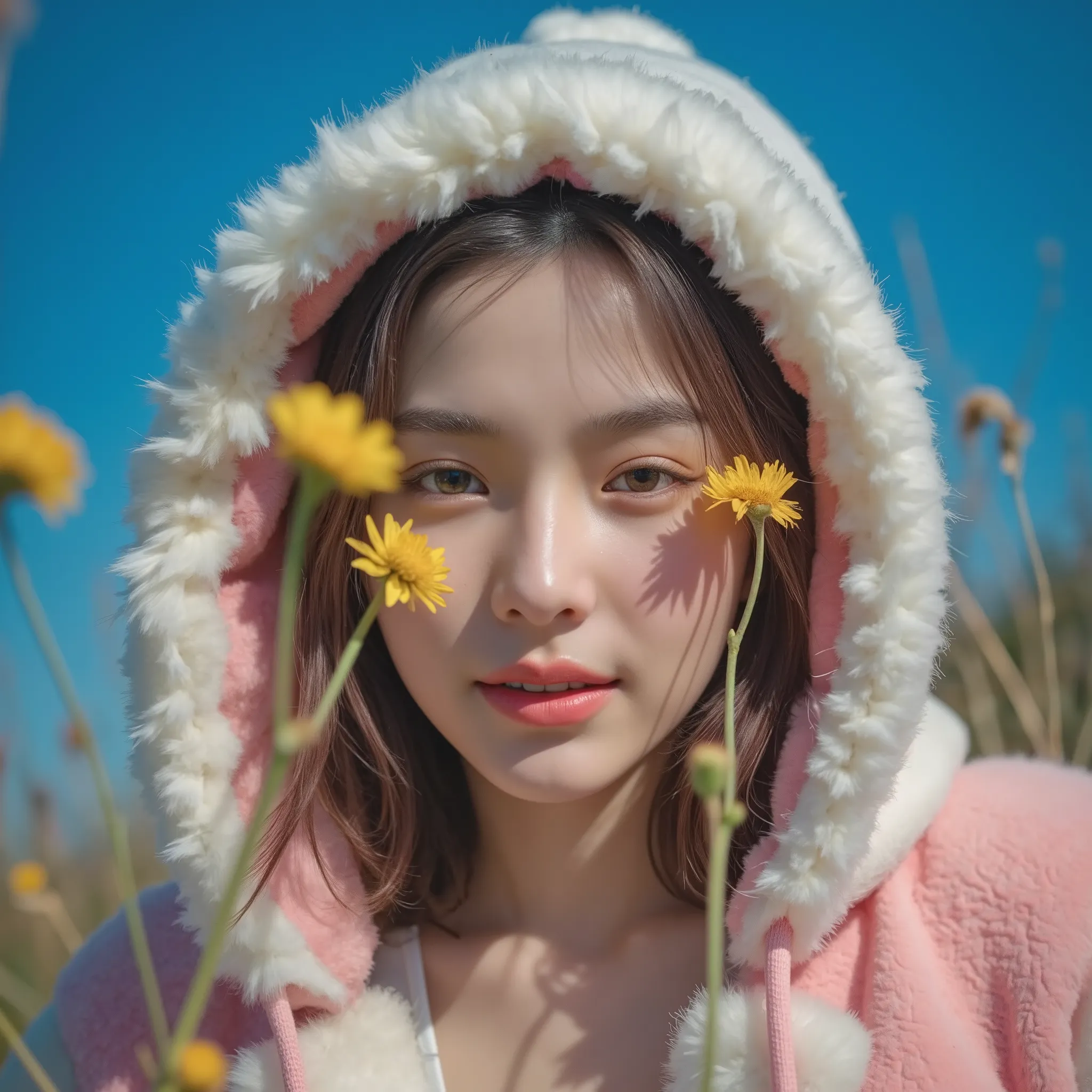 Art photo, A photograph of a young woman with fair skin and delicate features, wearing a fluffy white and pink hooded coat. She gazes directly at the camera with a serene expression. Yellow wildflowers are strategically placed over her eyes, casting soft s...