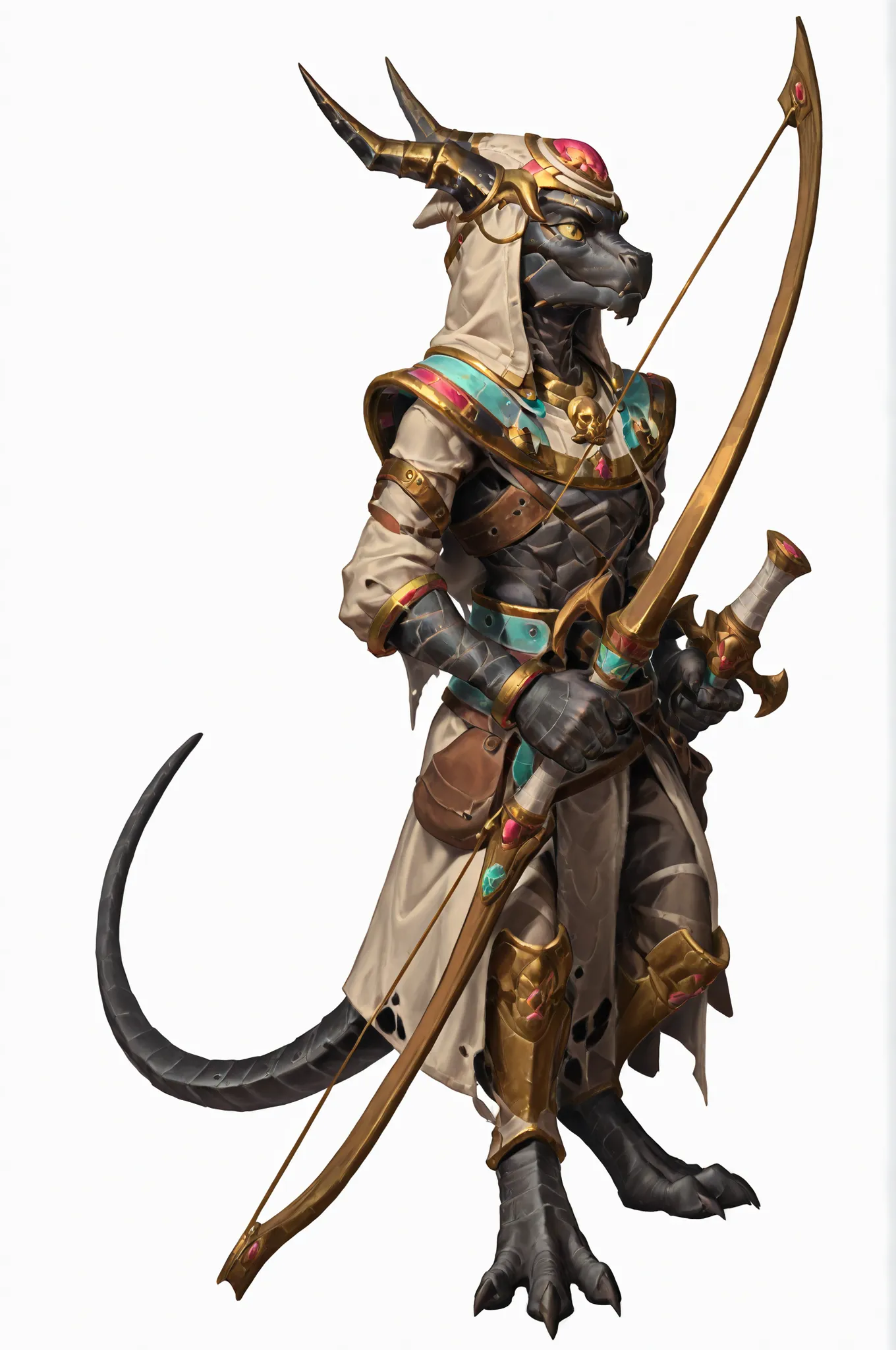 Necrotect, kobold, black scales, archer, hood, militar beige hunter clothes, horns, fullbody art, solo, lean, holding a long bow, white background,