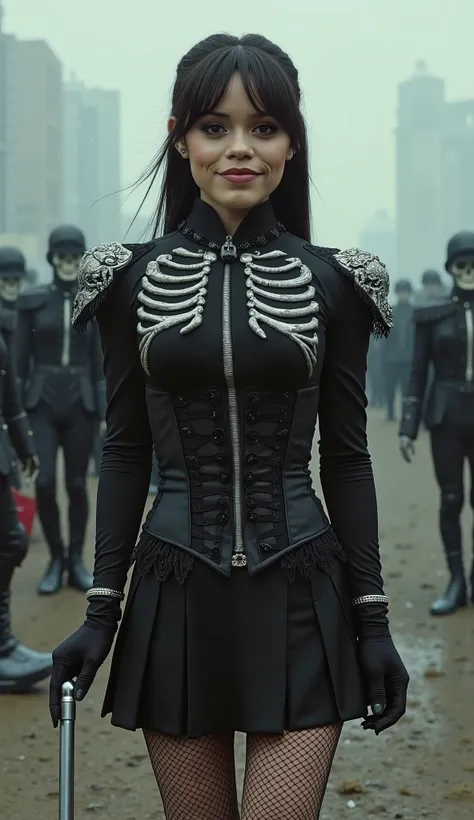 masterpiece, ultra-realistic, medium close-up (from upper thighs to head), Peruvian waripolera as gothic military leader, seductive smile, standing in the center of a destroyed cemetery-avenue surrounded by fog and debris, wearing EXACT Black Parade unifor...