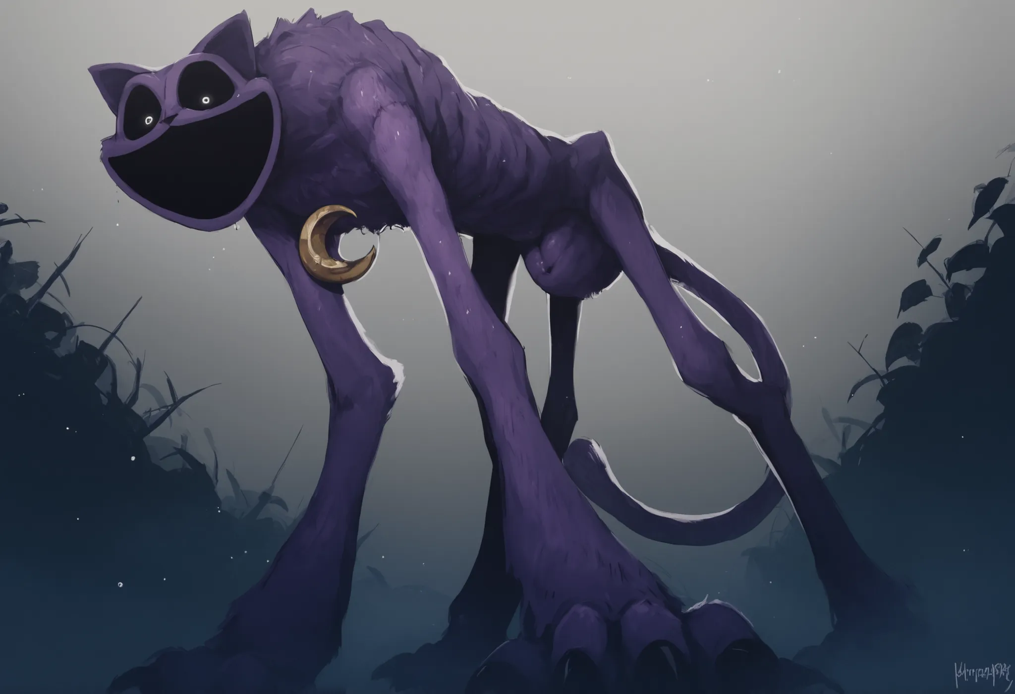 (score_9, score_8_up, score_7_up, score_6_up), monster, horror, purple fur, body stitched together, seams, long limbs, claws, golden crescent moon medallion, skinny, bony body, standing directly above, super dark room, plant, CatNap, small glowing white ey...