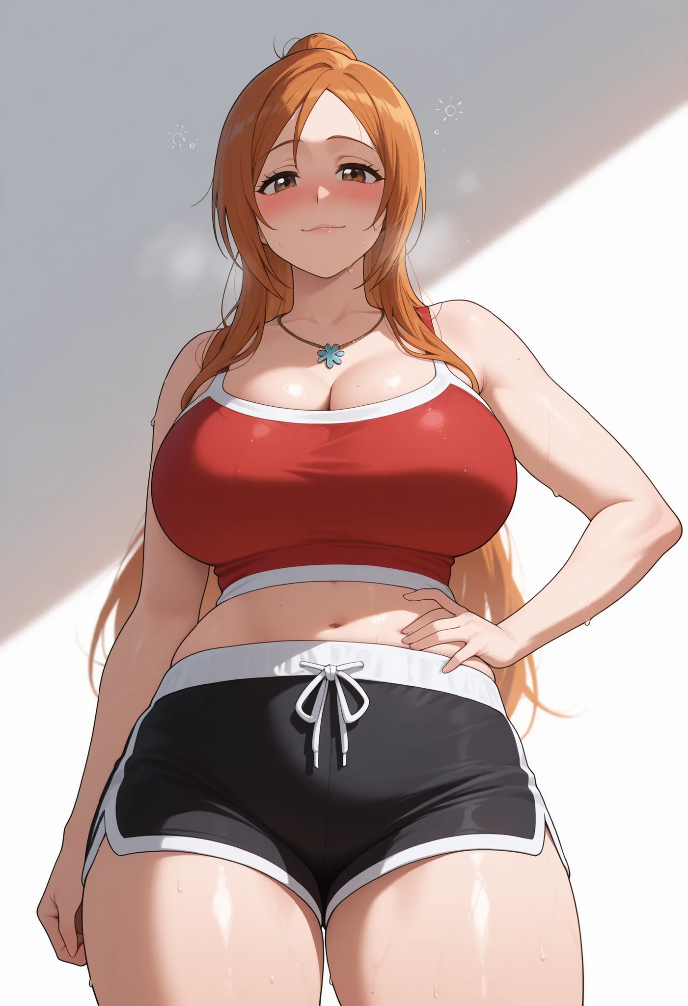 Orihime Inoue, Bra Black , Big Breasts, inoue orihime, 1girl, solo, soft smile, mature female, cleavage, jewelry, necklace, pendant, , blush, drunk,, sweat, sweaty, sweaty:1.3, standing, blush, CLEAVAGE, large breasts,, white background, looking at viewer,...