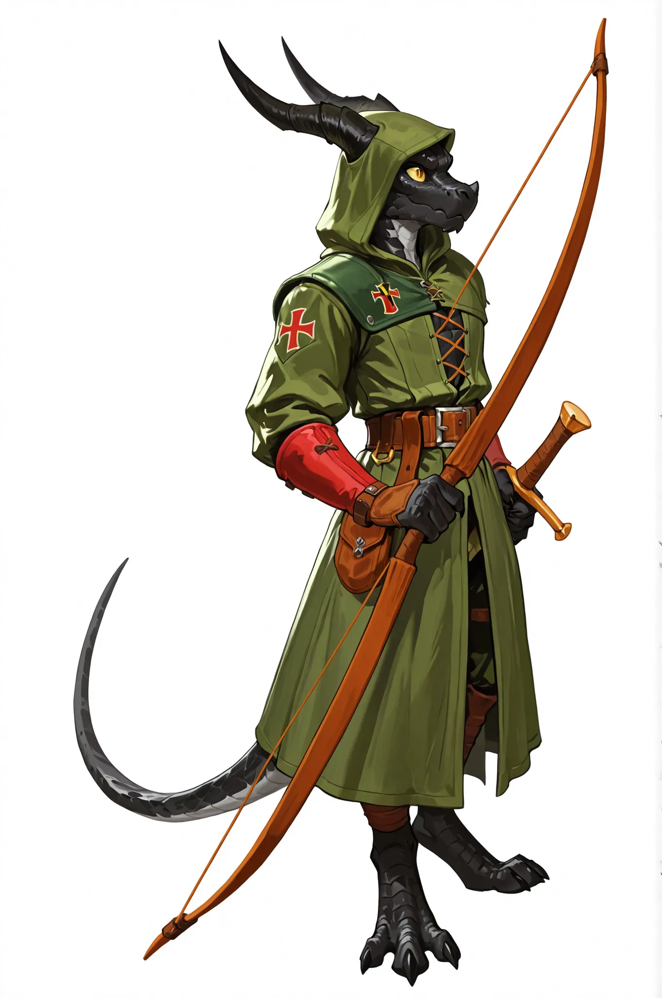 kobold, black scales, archer, hood, militar green hunter clothes, horns, fullbody art, solo, lean, holding a long bow, white background,