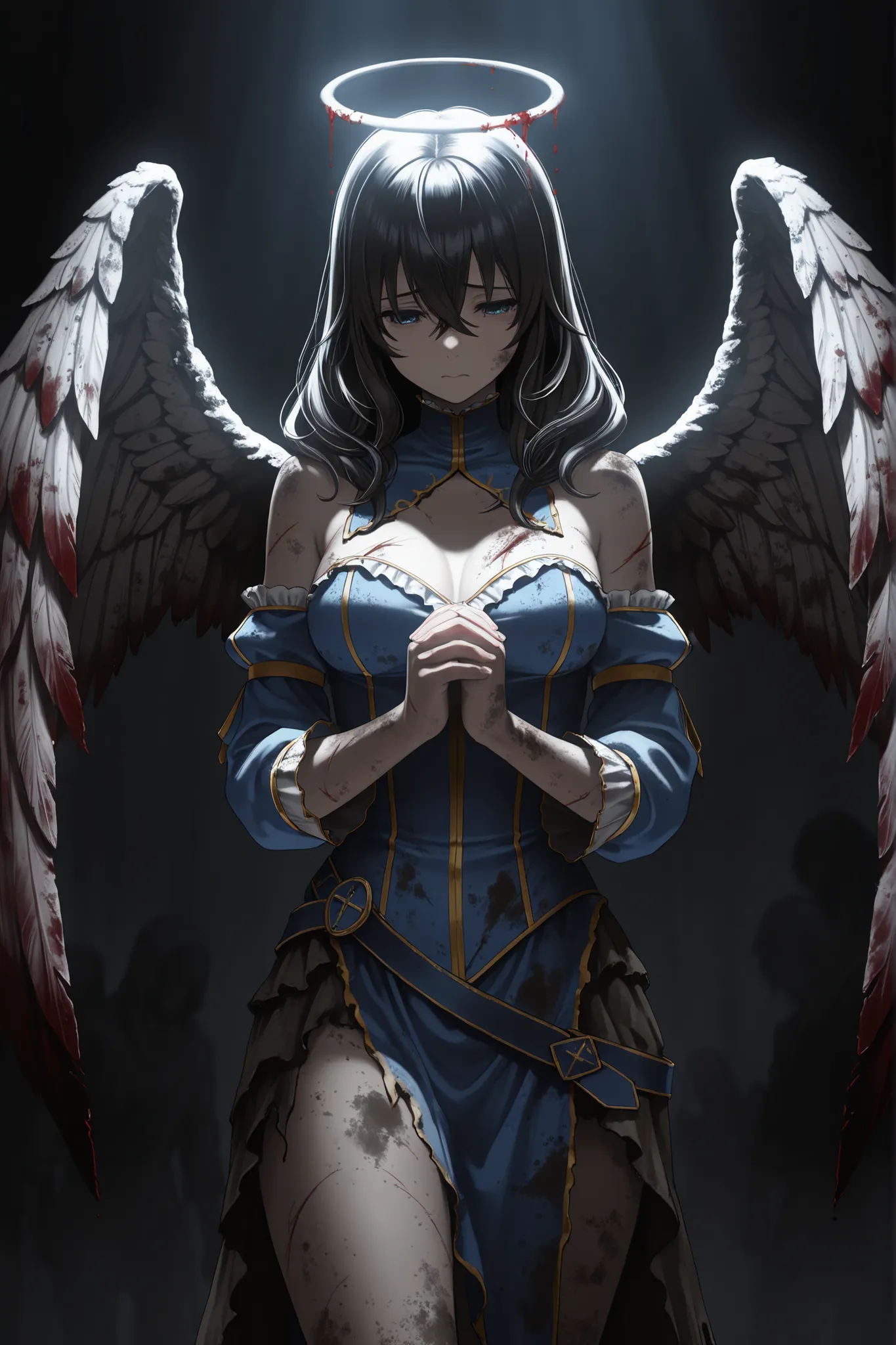 masterpiece, top quality, angel, Bloodstained feather, Wounded Wings, Dirty figure , Dark Atmosphere, Sad,  Hi-Res, Super Detailed, 8k, Dramatic Lighting、angelは正座している、holding hands together and facing upward to offer a prayer、seen from the side、god々New cos...