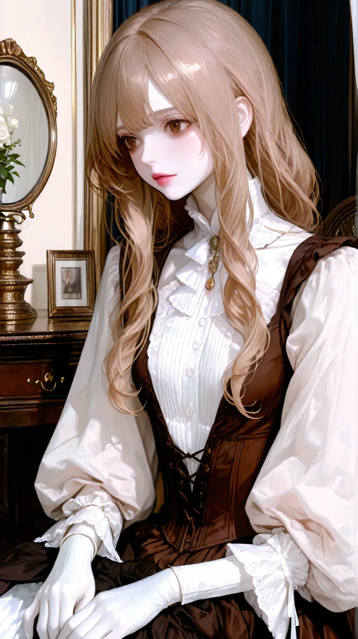 Girl, long wavy and straight light brown hair, hazel brown eyes, sharp, calm features, white skin, a glimpse of light pink lip gloss, beautiful, perfect, well-proportioned body, wearing a dress with Victorian sleeves, delicate, masterpiece, bright and clea...