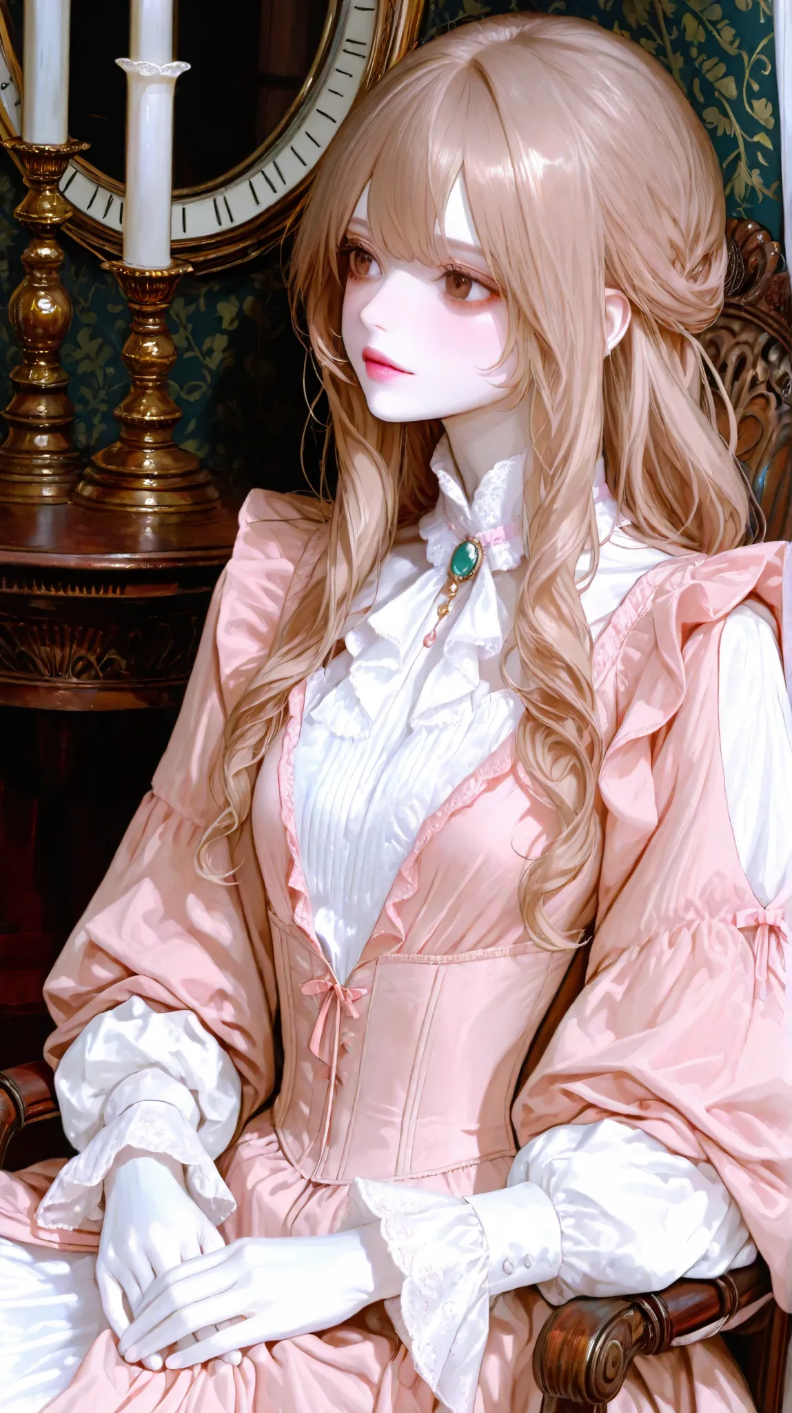Girl, long wavy and straight light brown hair, hazel brown eyes, sharp, calm features, white skin, a glimpse of light pink lip gloss, beautiful, perfect, well-proportioned body, wearing a dress with Victorian sleeves, delicate, masterpiece, bright and clea...