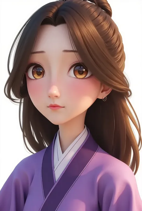 A girl, long wavy and falling brown hair, brown hazel eyes, calm sharp features, white skin, a glimpse of light cherry lip gloss, beautiful, perfect, accurate, wearing a Hanfu dress with purple sleeves, bright and clear colors, high quality resolution .