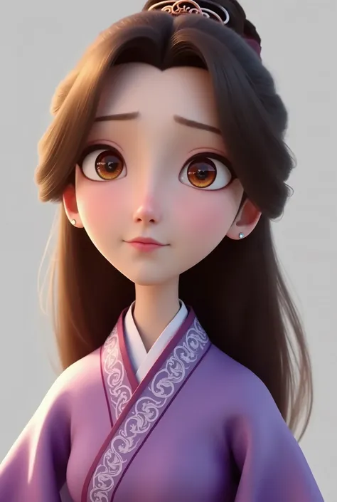 A girl, long wavy and falling brown hair, brown hazel eyes, calm sharp features, white skin, a glimpse of light cherry lip gloss, beautiful, perfect, accurate, wearing a Hanfu dress with purple sleeves, bright and clear colors, high quality resolution .