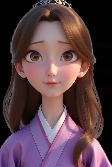 A girl, long wavy and falling brown hair, brown hazel eyes, calm sharp features, white skin, a glimpse of light cherry lip gloss, beautiful, perfect, accurate, wearing a Hanfu dress with purple sleeves, bright and clear colors, high quality resolution .