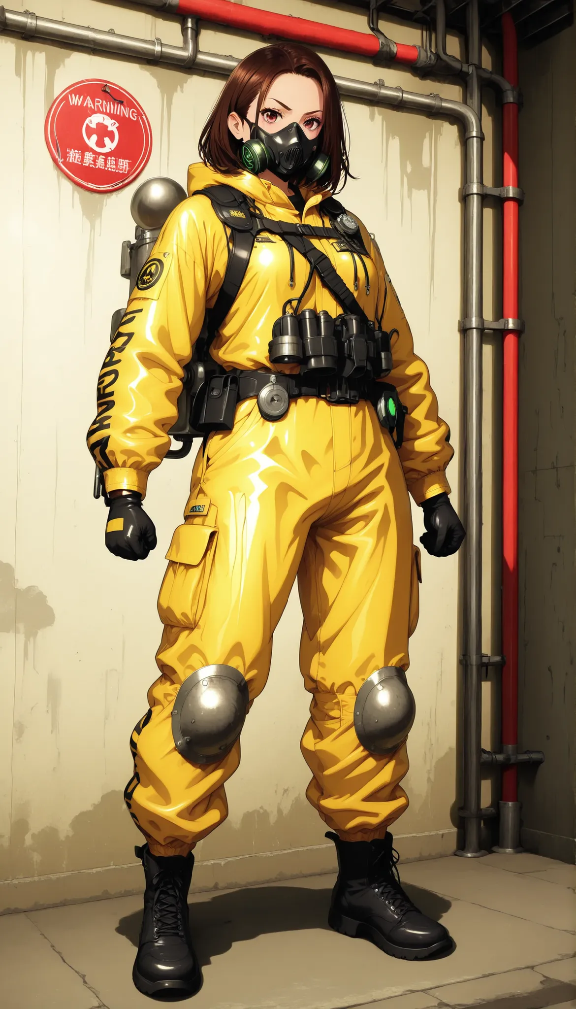 *Full body portrait of a female nuclear waste technician,
standing in a radioactive waste processing facility,
wearing a full-body yellow protective suit with respirator,
Detailed Features:
- Semi-transparent face shield showing determined expression
...