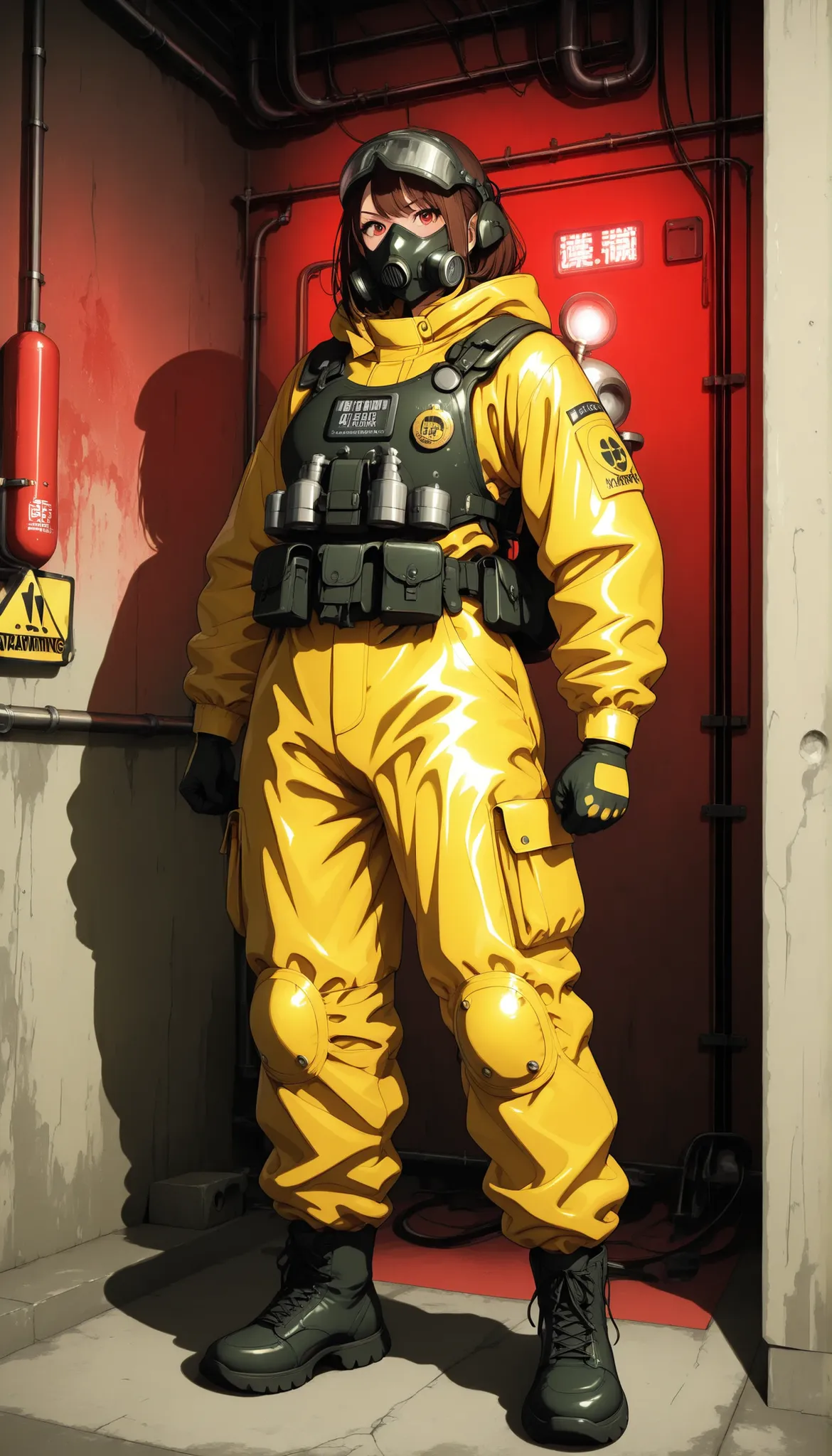 *Full body portrait of a female nuclear waste technician,
standing in a radioactive waste processing facility,
wearing a full-body yellow protective suit with respirator,
Detailed Features:
- Semi-transparent face shield showing determined expression
...