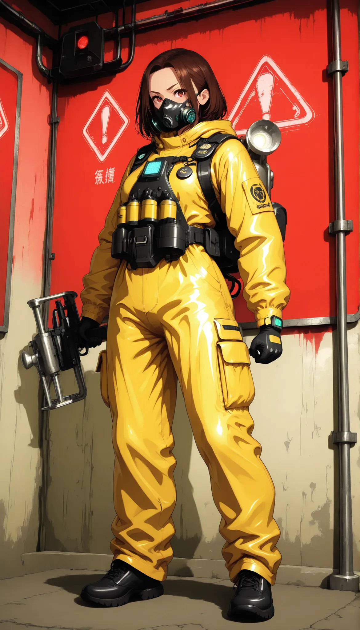 *Full body portrait of a female nuclear waste technician,
standing in a radioactive waste processing facility,
wearing a full-body yellow protective suit with respirator,
Detailed Features:
- Semi-transparent face shield showing determined expression
...