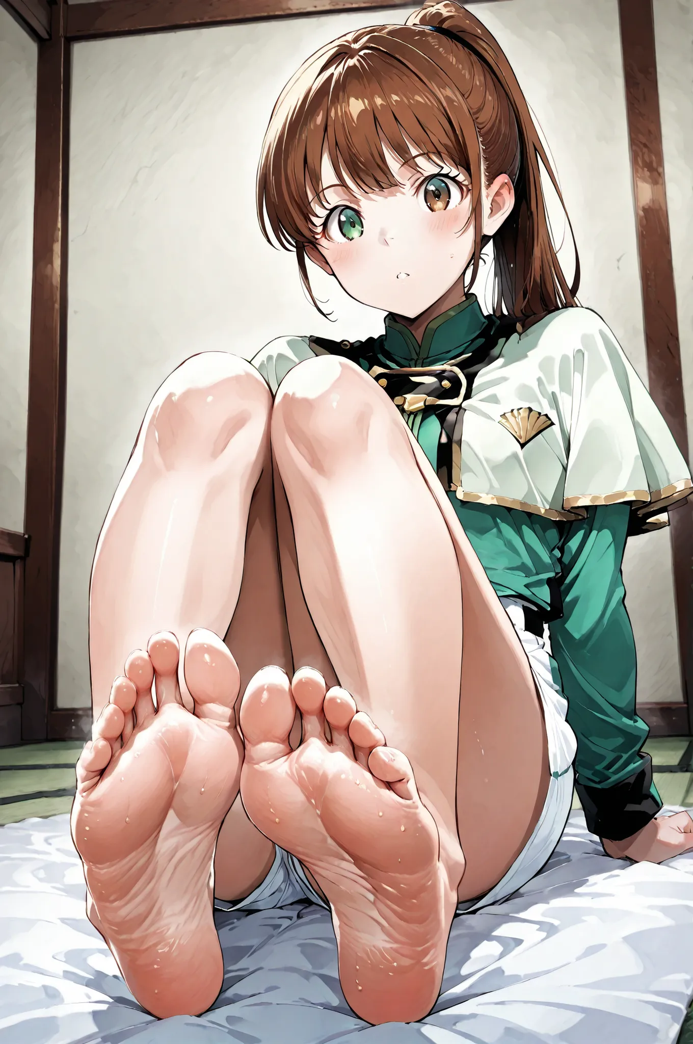 detailed feet,soles,senauniform, green eyes, white shorts green capelet,,brown eyes, long hair, ponytail,senahayami, , 足裏を正面に向ける、柔軟なポーズ、大胆な構図、最高品質、足裏のクローズアップ、足裏の質感、爪先、足指