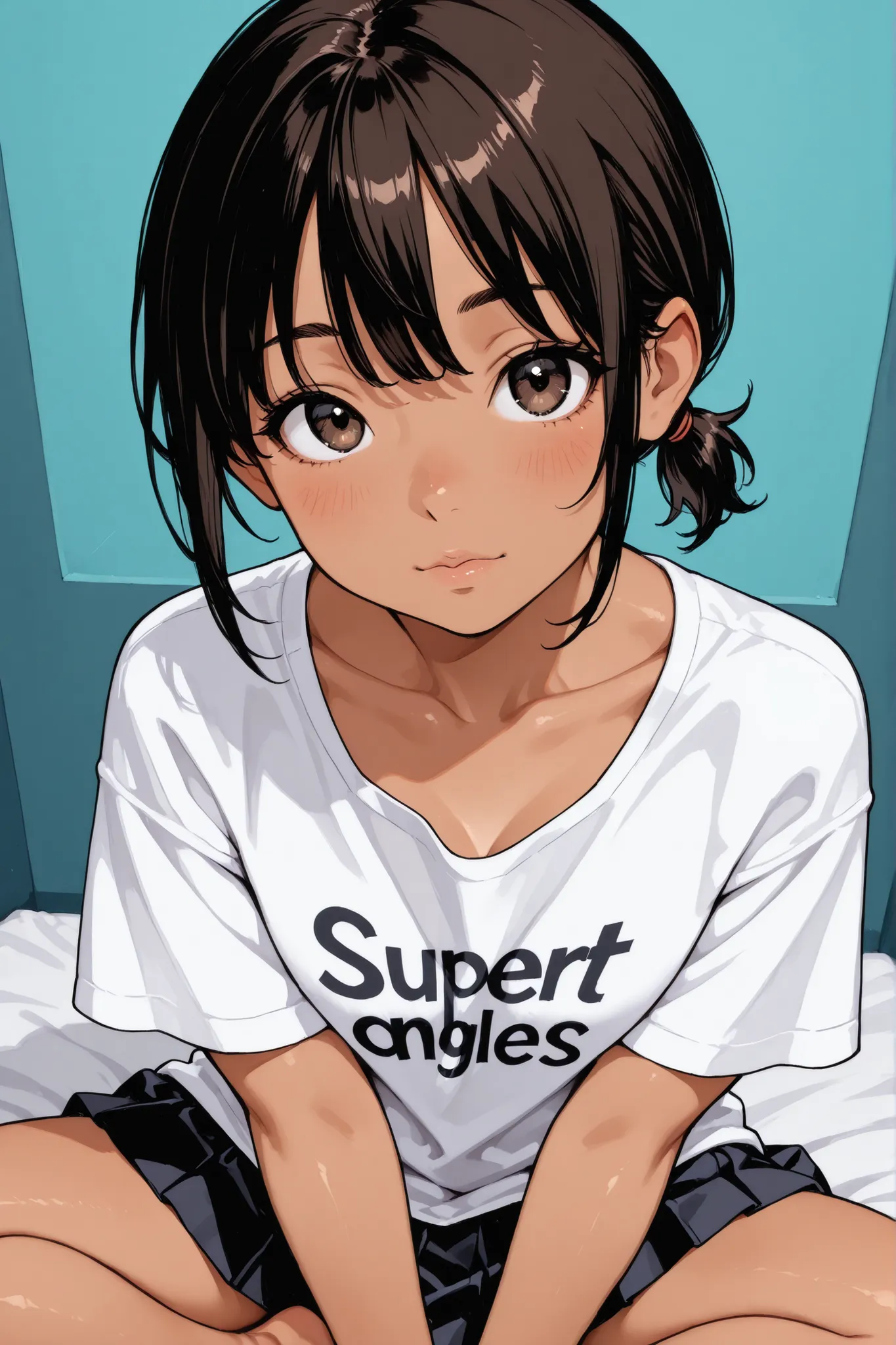 1girl,Super Detailed,absolute resolution,(dynamic angles),(tanned skin:0.3),((pinup)),Beside viewer,white t-shirt,((untucked T-shirt)),black pleated miniskirt,Bare Foot,low ponytail,short ponytail,choppy bangs,(messy hair:0.7),(blush:0.5),(nose blush:0.5),