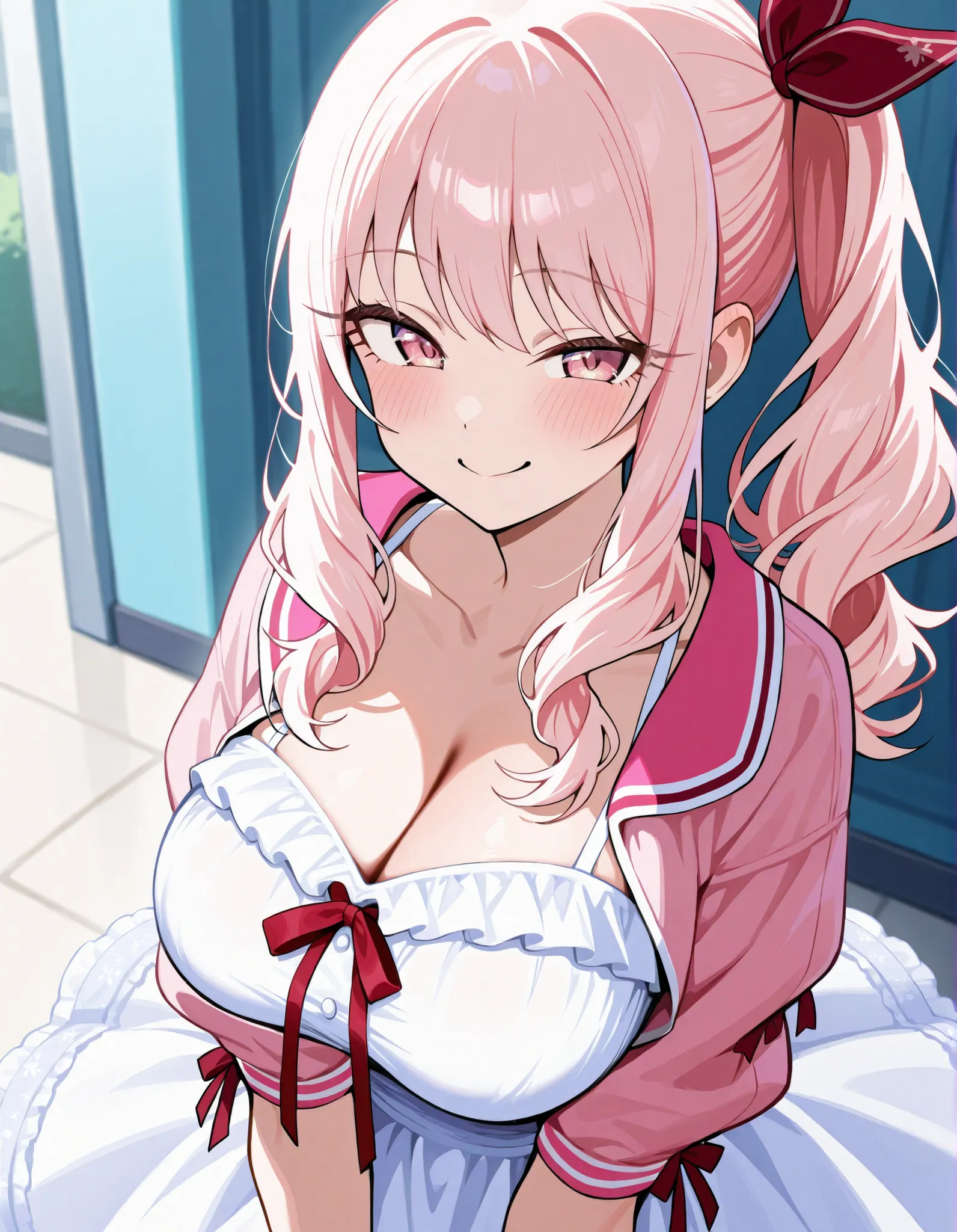 Akiyama Mizuki, pink hair, pink eyes, beautiful girl, ponytail, red ribbon, like, beautiful breasts, nice buddy, big boobs, Pretty dress, ribbon strap , Clear, Cropped Jacket, white dress, pink collarbone jacket, smile, Disconnect, big boobs solo
