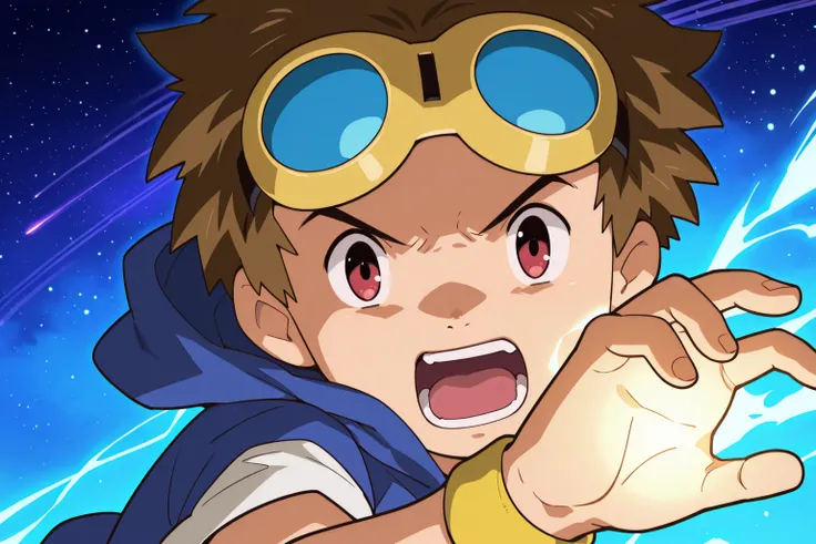 1boy,male focus,Takato_Matsuda, solo, brown hair, red eyes, goggles on head, blue hoodie, white shirt, short sleeves, yellow wristband, intense eyes,open mouth,shouting BREAK intense close-range fighting stance, glowing curse energy aura around body, celes...