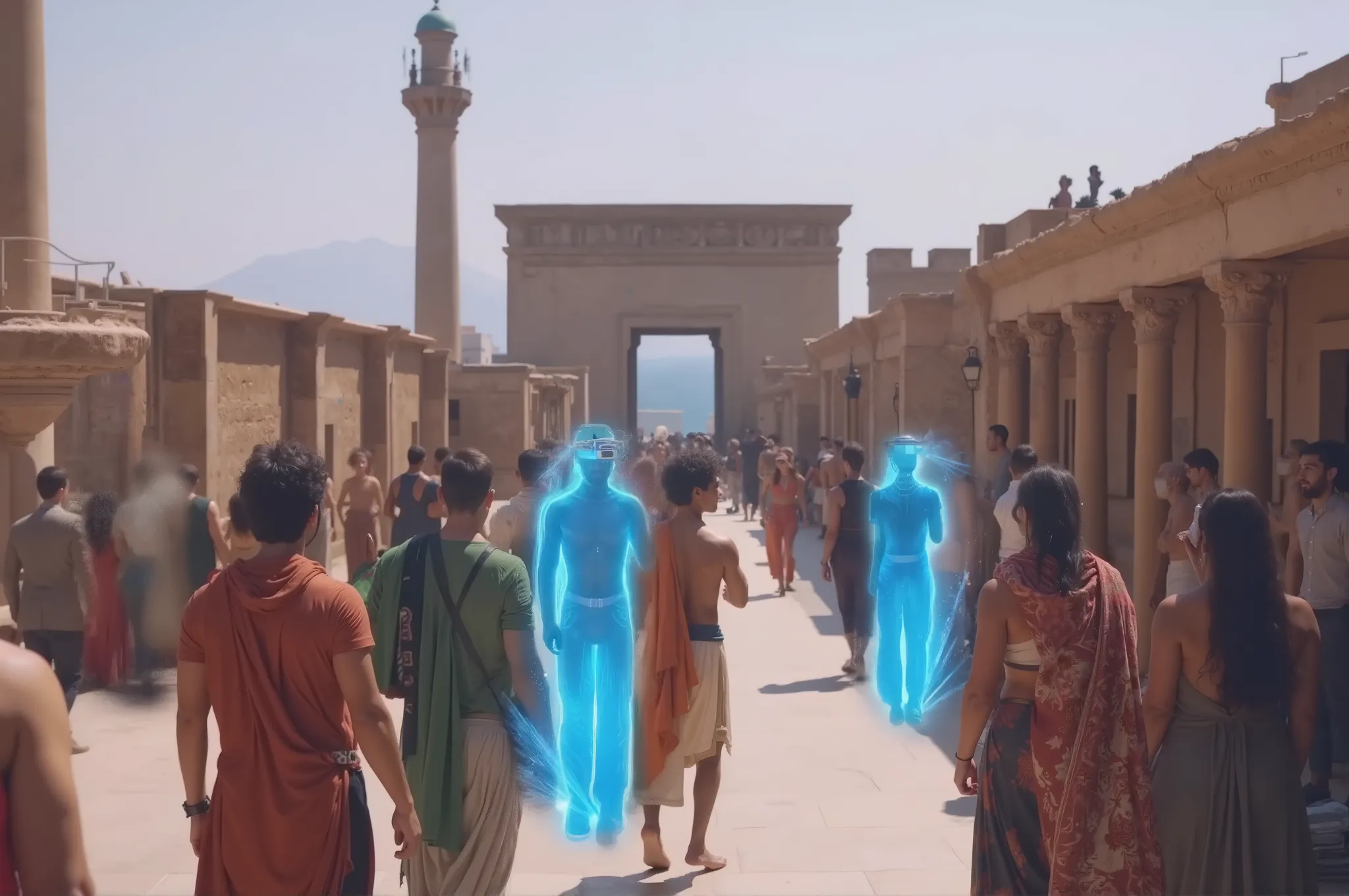 three blue hologram men with VR headset