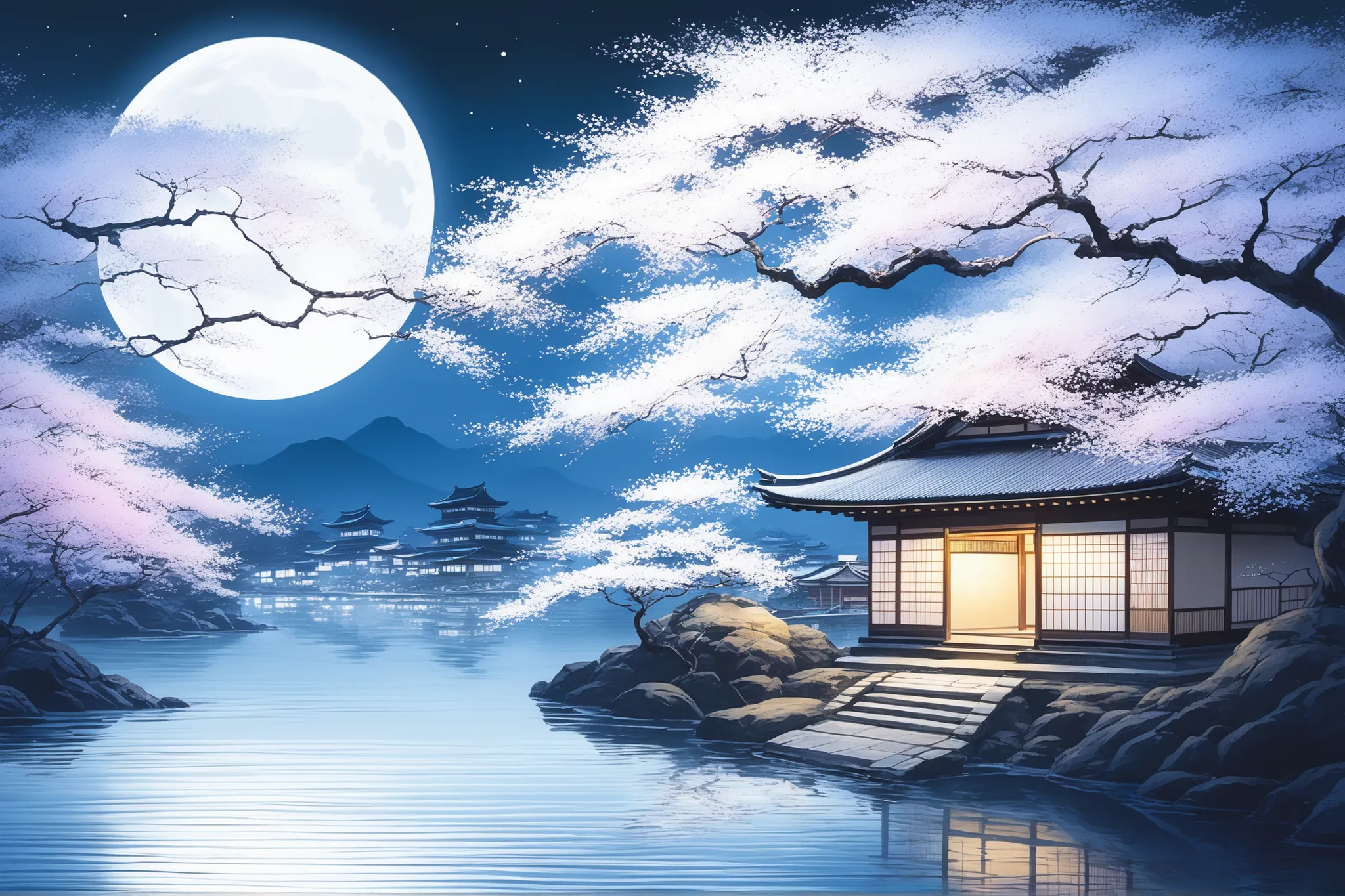 picture of a full moon and a Japanese house illuminated by moonlight, Japanese art style, Sakura Fubuki, Traditional Japanese Art , Japan at Night, traditional Japanese painting, Old Japanese Art , landscape, background artwork, Japanese Art Art , Anime...
