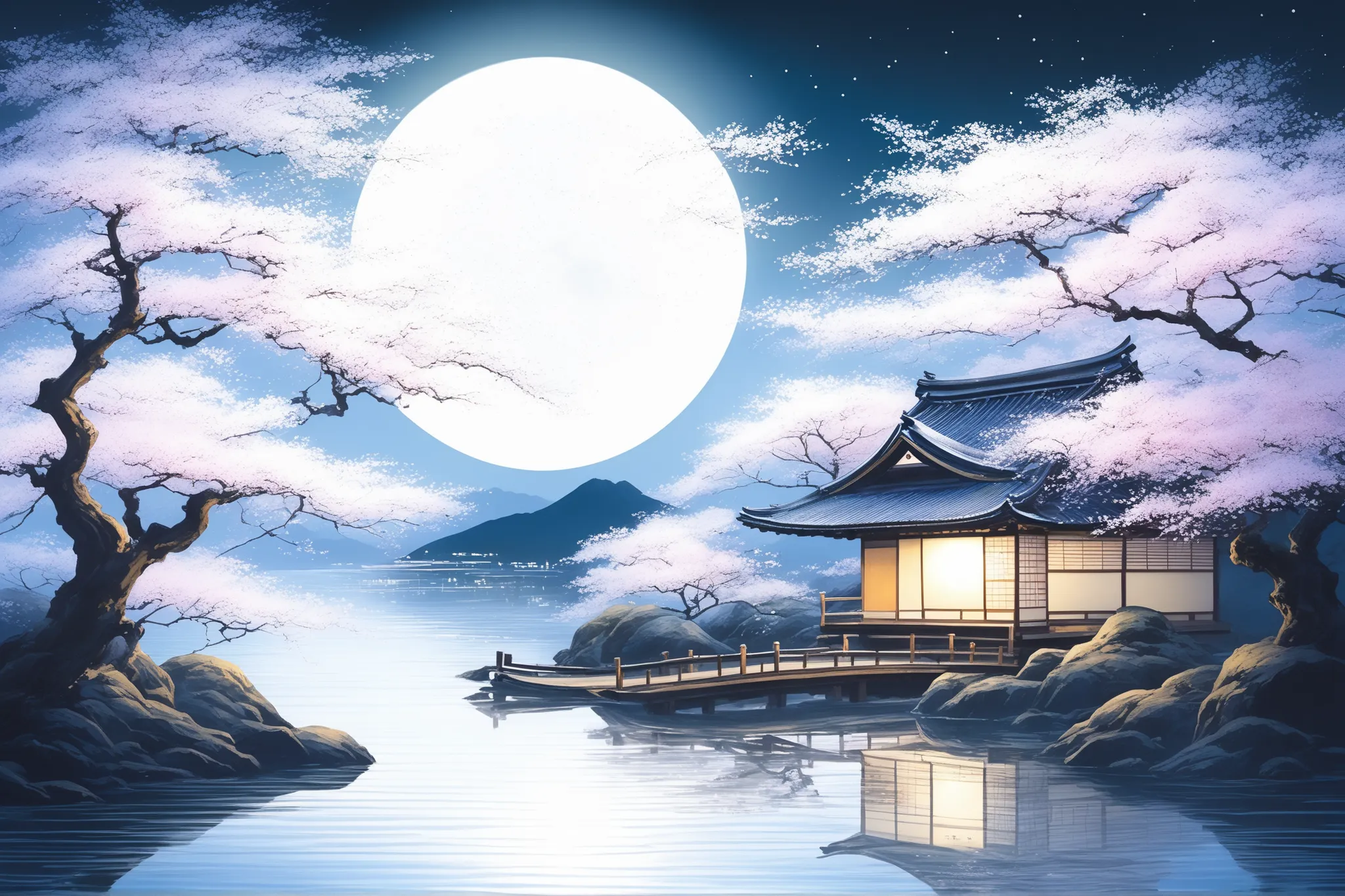 picture of a full moon and a Japanese house illuminated by moonlight, Japanese art style, Sakura Fubuki, Traditional Japanese Art , Japan at Night, traditional Japanese painting, Old Japanese Art , landscape, background artwork, Japanese Art Art , Anime...