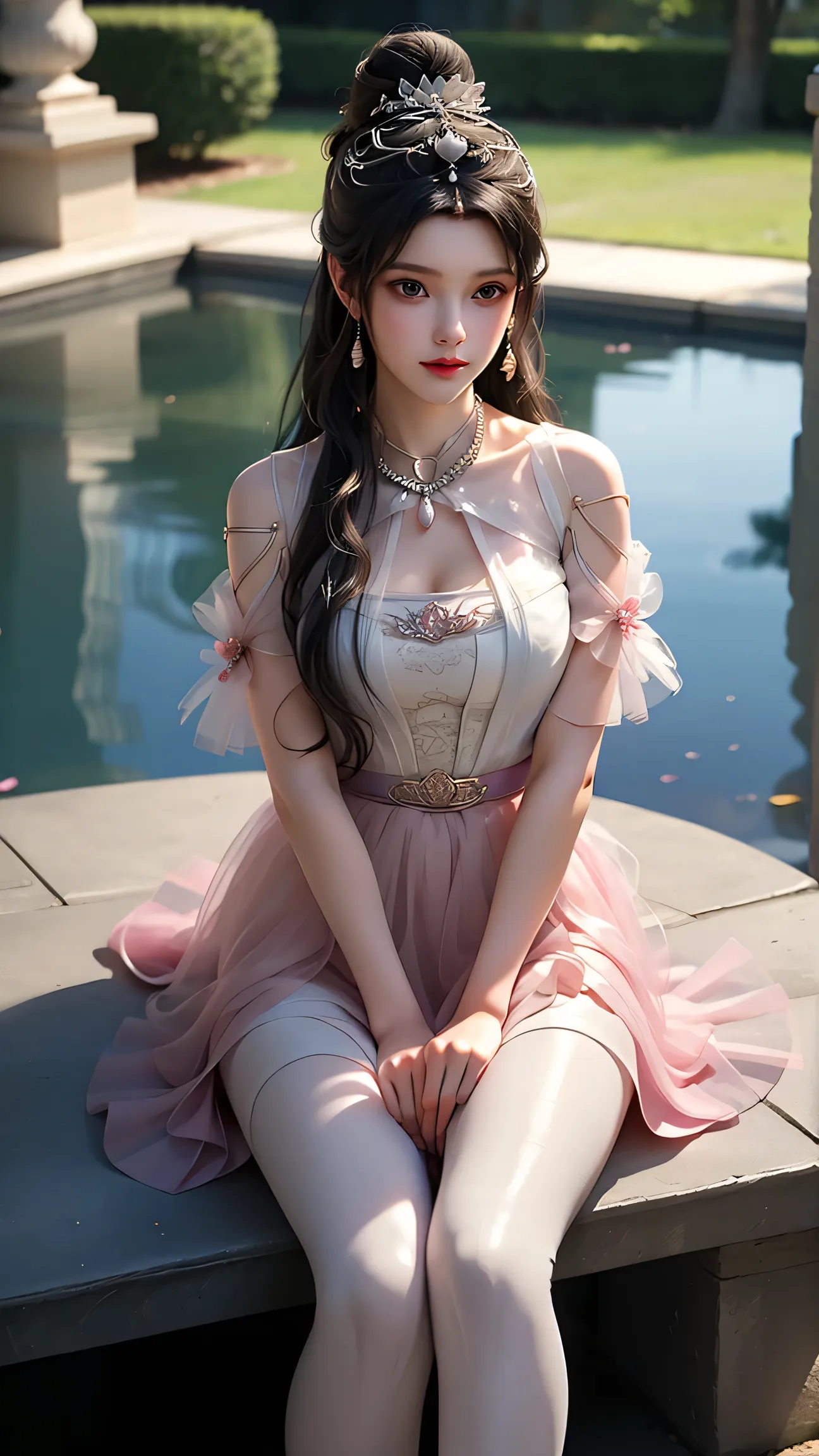 （(Girl lying in swimming pool))、She gently lifted her skirt with one hand，Make gentle and playful gestures，((Lots of flowers瓣)), Lots of flowers，Petals scattered all over the ground，Cherry tree，Petals are flying all over the sky，Beautiful and charming woma...