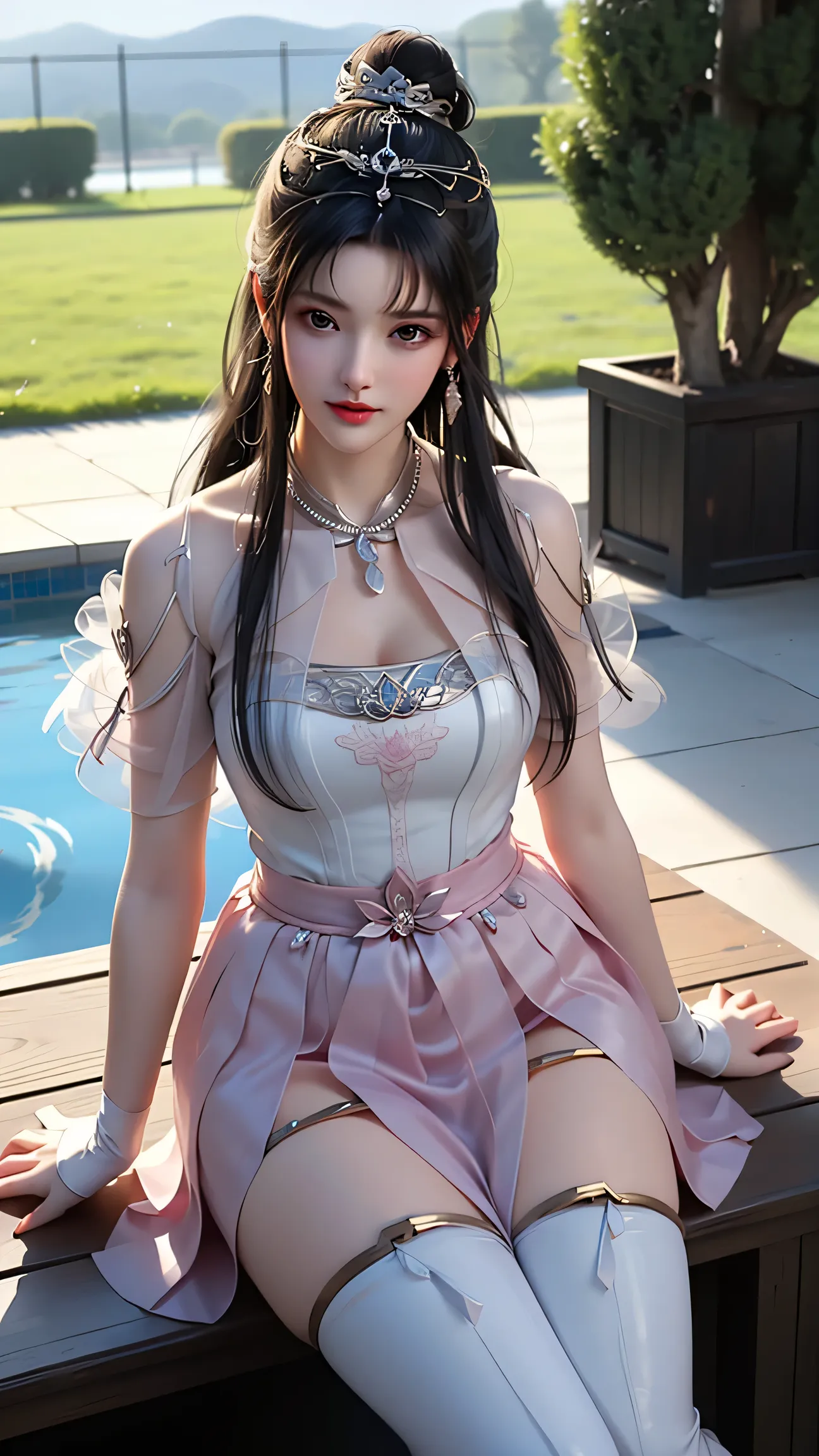 （(Girl lying in swimming pool))、She gently lifted her skirt with one hand，Make gentle and playful gestures，((Lots of flowers瓣)), Lots of flowers，Petals scattered all over the ground，Cherry tree，Petals are flying all over the sky，Beautiful and charming woma...
