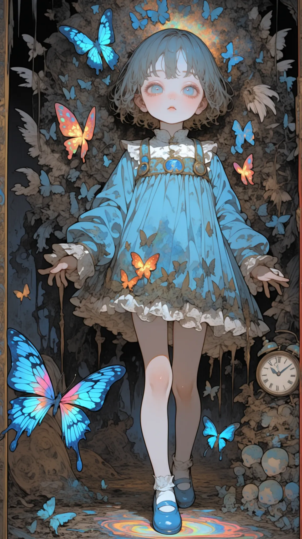 angel, wing、detailed face、thin, long legged kindergarten child,Butterflies on background,burnt feathers and ash、little boy who is cm tall、Emphasize thinness ,angelの舞踏会 ,Hallucinatory Art 、 dmt The Beginning of the Ego、 psychedelic 、 highly detaile...
