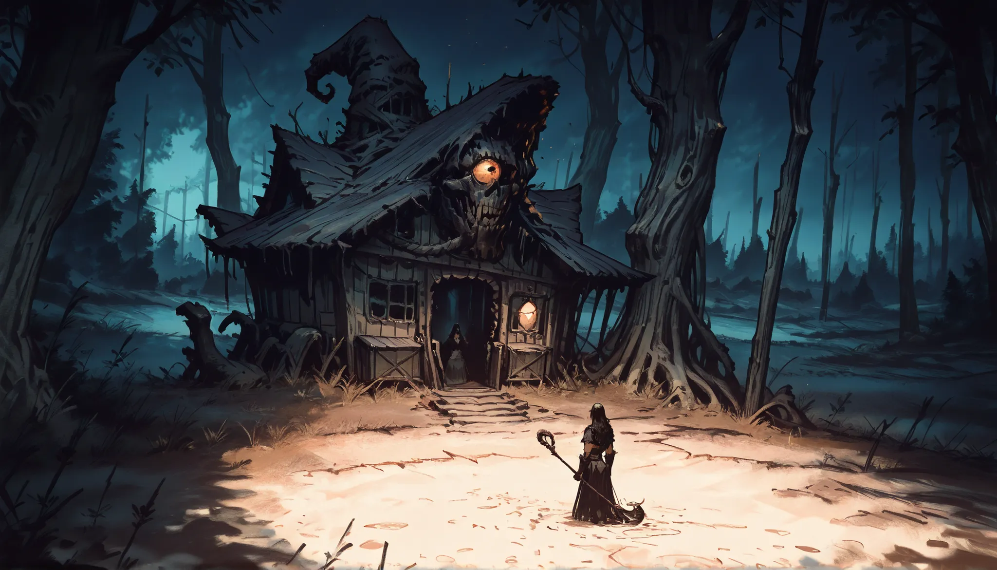 score_9, score_8_up, score_7_up, score_6_up, score_5_up, score_4_up, gr4ph1t3, sketch, (masterpiece), RETRO FANTASY STYLE, ELABORATE SKETCH, dark Witch woman, dirty ((swampy fields)), dark, alone in the dark ((cabin)), dark woods, lone cabin, Witch of a da...