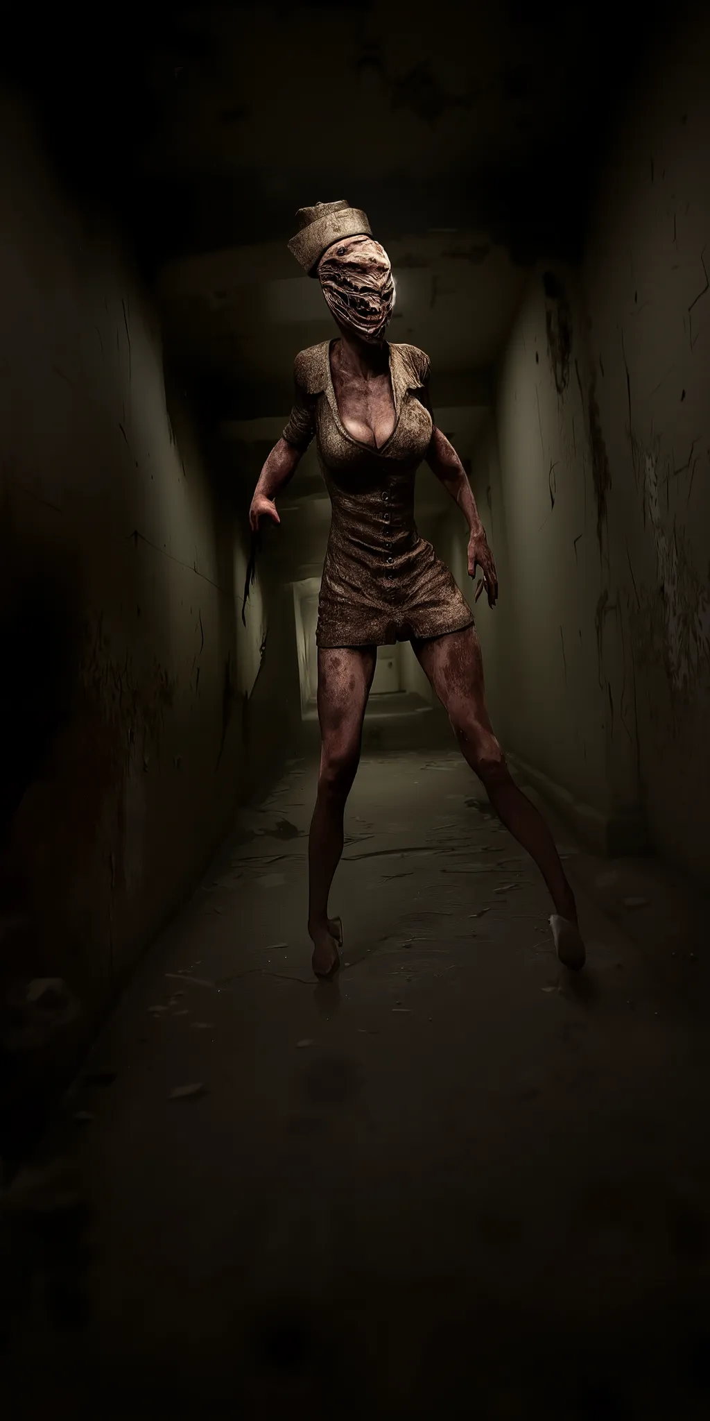 Silent Hill, faceless nurse, distorted features, unnatural pose, bowed legs, nurses hat, nurses uniform, abandoned hospital, dilapidated hallway, darkness, macabre, high detail, masterpiece.