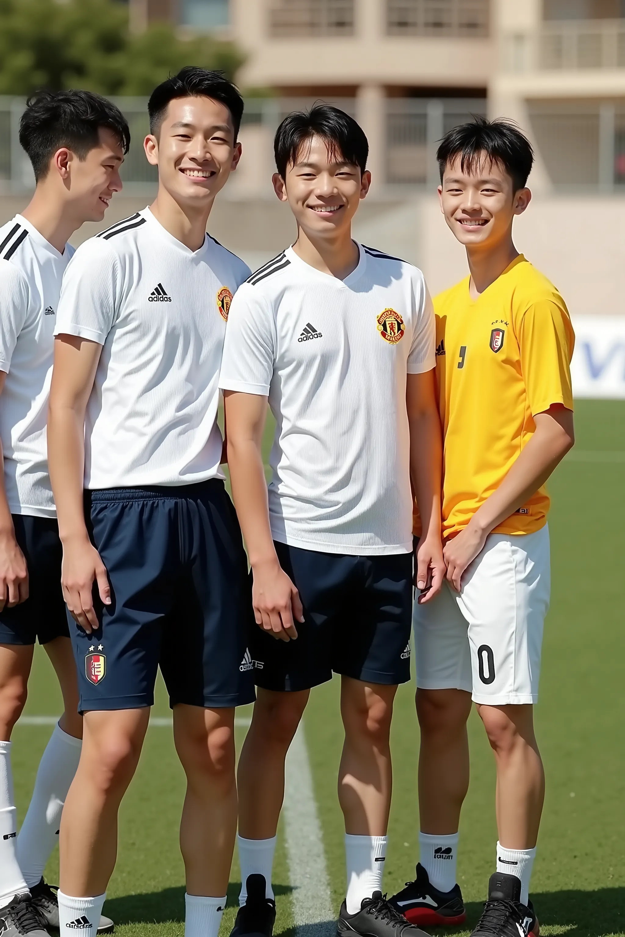 young, boy,all nationality are japanese, soccer player, handsome japanese boys, standing on the soccercourt, boy group, 4 people, a sunny and handsome boy，about 22 years old， short hair，Full body photo composition，solid color background，8k， HD, soccer unif...