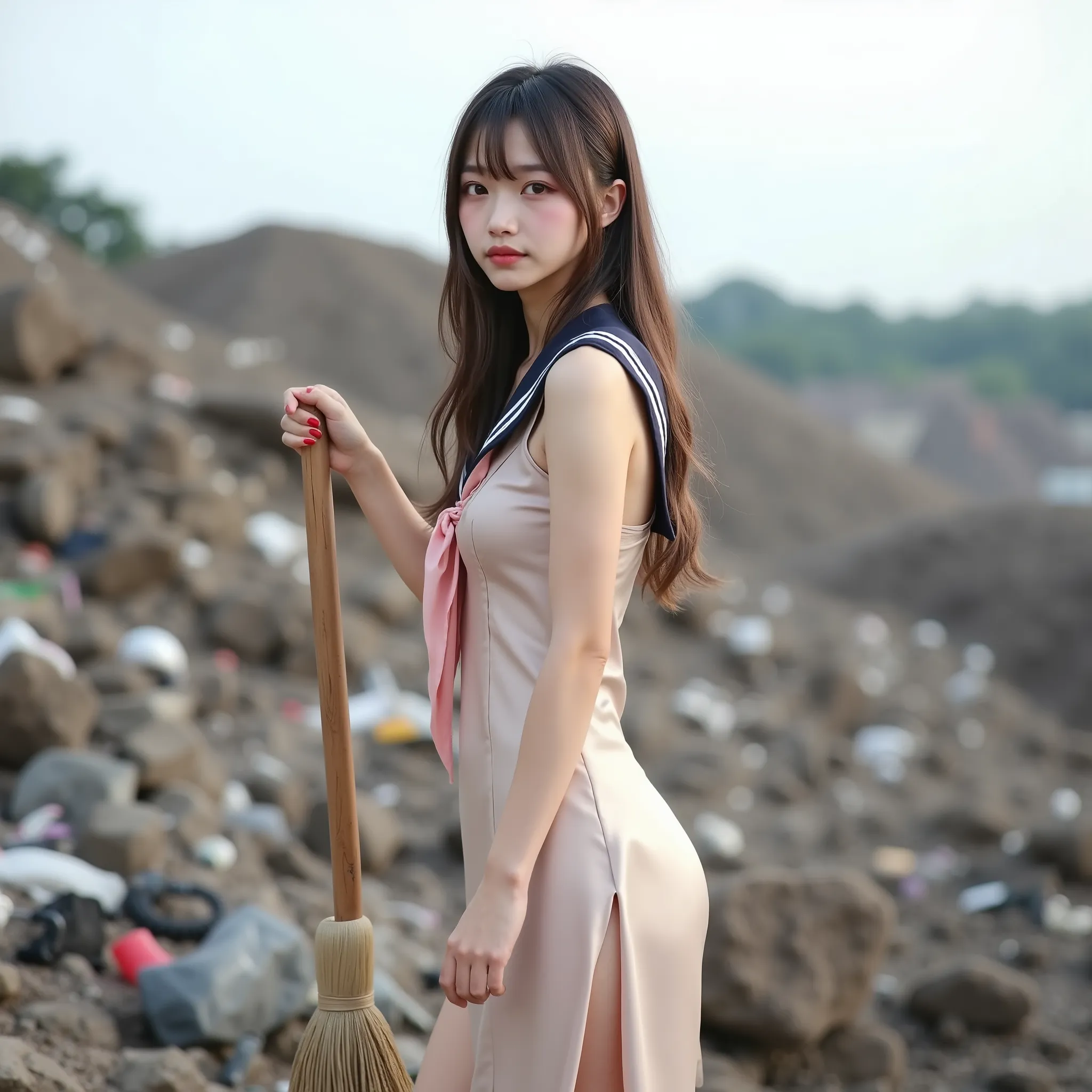 1 super cute girl sweeping with a broom, long hair, shiny skin, garbage heap, standing, (Sweeping with a broom:1.10), detailed face, Full Body, BREAK, (Sailor color silk satin beautiful shiny slit dress:1.10), top quality, masterpiece, Photorealistic, BEAU...