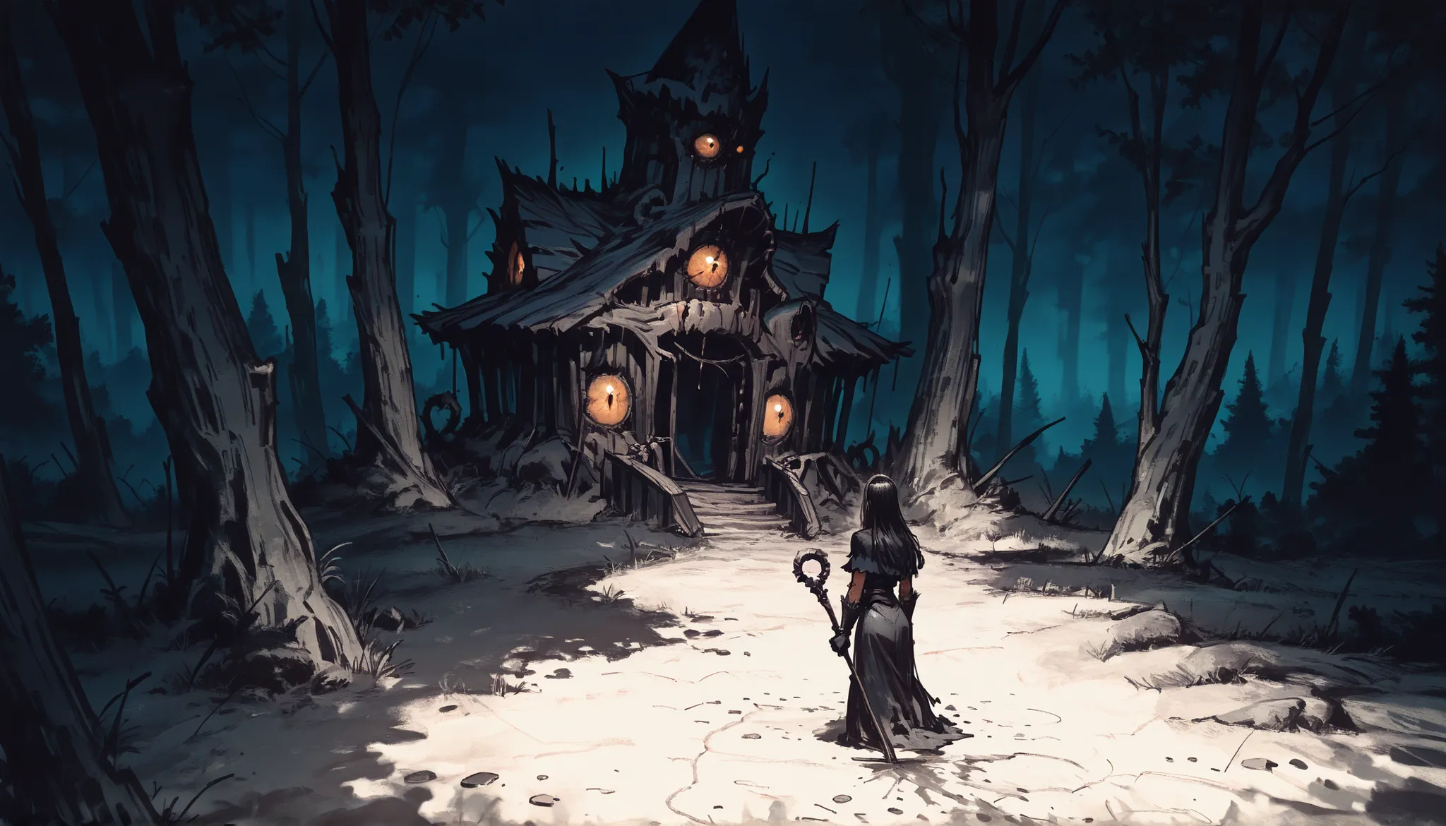 score_9, score_8_up, score_7_up, score_6_up, score_5_up, score_4_up, gr4ph1t3, sketch, (masterpiece), RETRO FANTASY STYLE, ELABORATE SKETCH, dark Witch woman, dirty ((swampy fields)), dark, alone in the dark ((cabin)), dark woods, BEAUTIFUL Witch, dark amb...