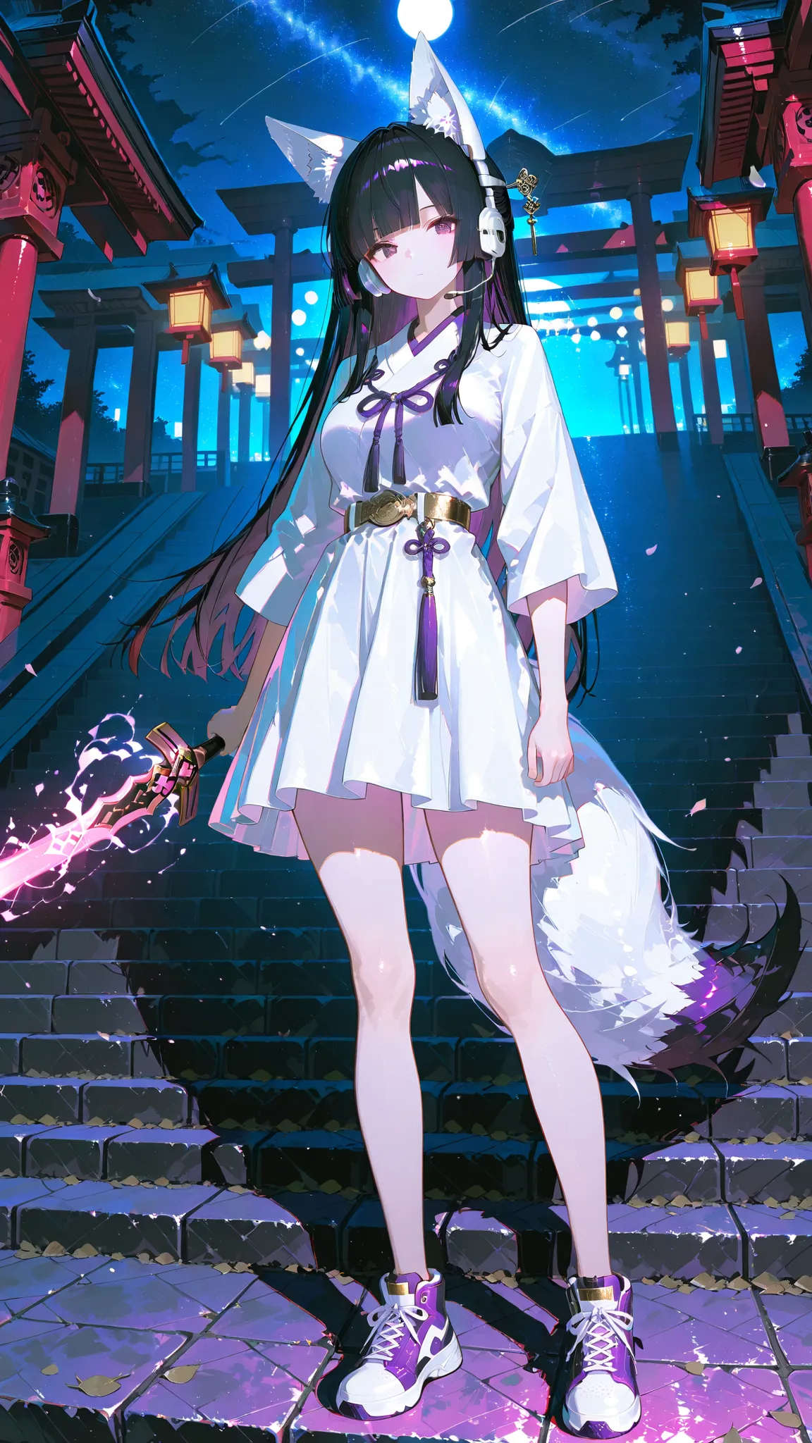 Refined Realistic Style（0.8）, Master Level,Extreme Details,Professional Post Processing,Masterpiece,anime style（1.2）,best quality,high resolution,8K,（night）（Stylish composition：1.3），rest，1 girl，（Scabbard）Japanese shaman，Middle School Student，（long black ha...