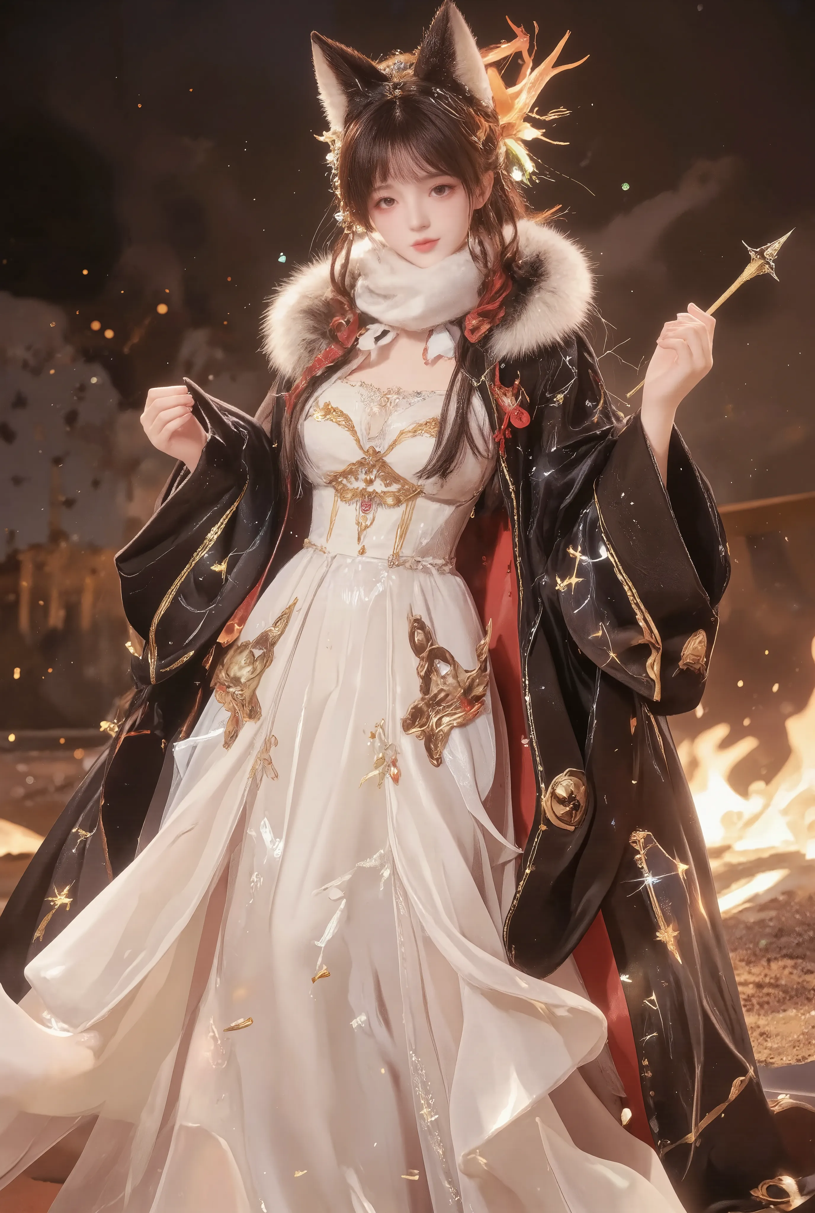 arafed image of a woman in a white dress, wearing star filled mage robes, Fox fur scarf, second life avatar, appears as the fire goddess, wearing fantasy formal clothing, astral witch clothes, flowing magical robe, wearing dramatic aristocrat robe, wearing...
