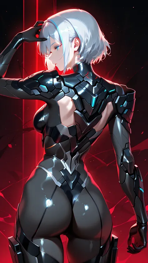 masterpiece, (best quality), sci-fi machine, matte black carbon fiber texture, white hair, black carbon fiber simulated breast prosthesis assembled with mechanical structural modules, super evolutionary future technology, cyberpunk titan technology, ornate and heavy duty shoulder blade edge, large shoulder armor, large and head-high shoulder armor, fantasy technological evolution mecha, dark fantasy art, super mechanical cloak, deep and dark space-time setting,