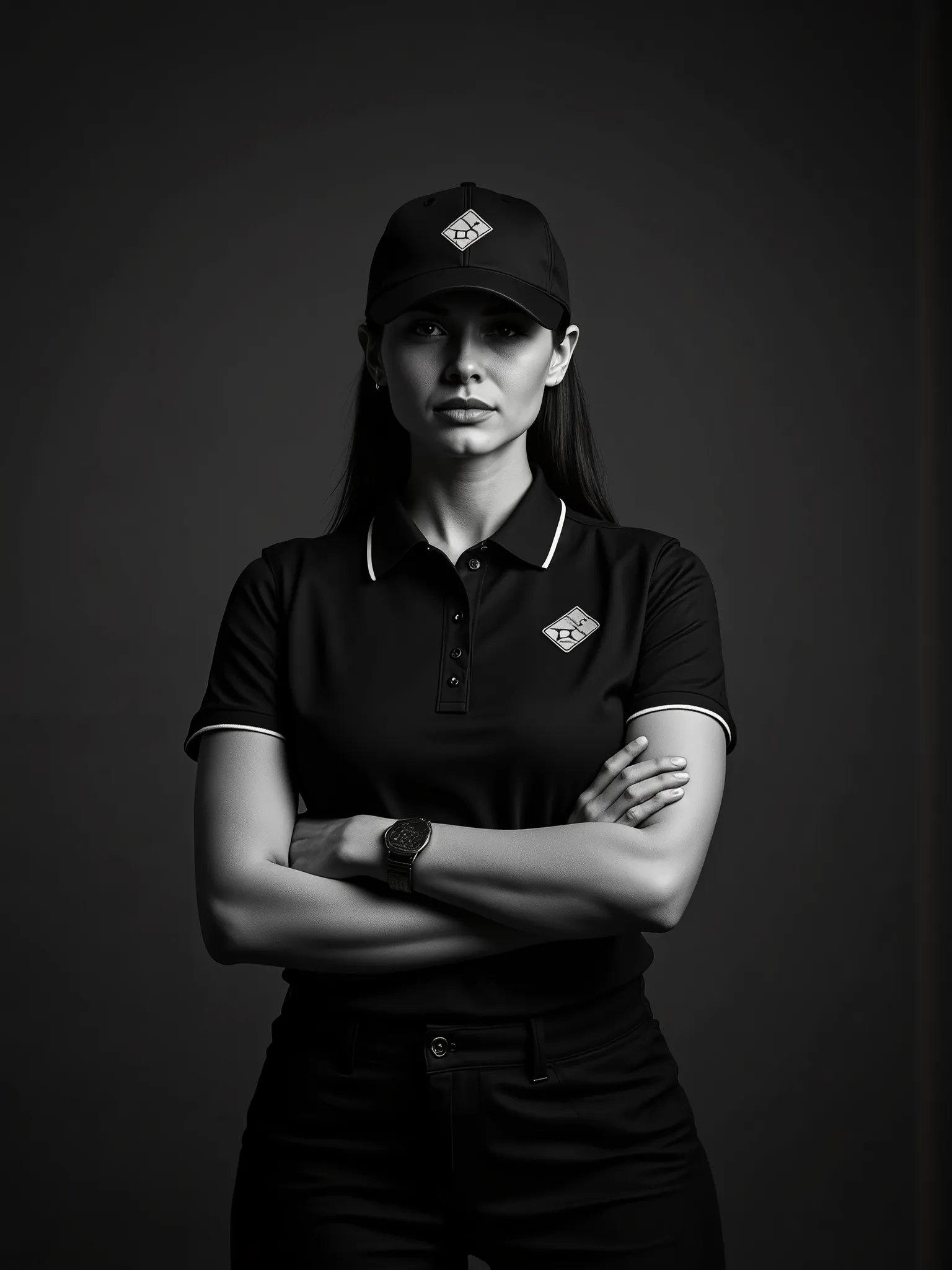 Ultra-realistic editorial-style image of a poised female pizza delivery worker, captured in a high-fashion magazine composition against a dark, minimalist backdrop. She stands with confident posture and crossed arms, wearing a sharp Domino's uniform—black ...