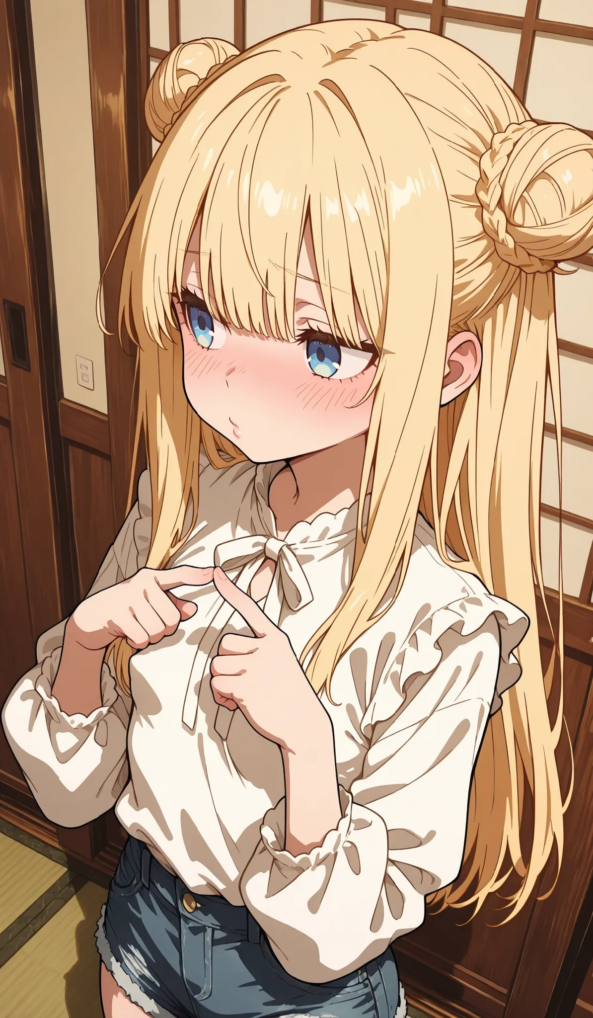 in Japanese room,from above, upper body, blonde hair, a bun on the right side, long hair,straight hair,child,小学生, blue eyes, long-sleeved blouse, sheer sleeves, tight denim shorts,, small, round, perky breasts, averting eyes,embarrassed, blush,Pursed lips,...