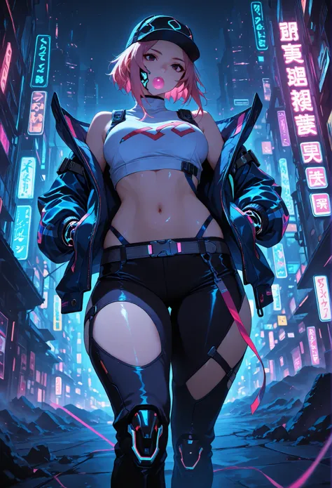 rap , masterpiece, mejor calidad, vibrant, very aesthetic, High contrast, semrealista, newest,
landscape, Neon border light , dark, 1girl, medium breasts, wide hips, huge butt, thick thighs, negro (low leg:1.3) leggings, White shirt with crop top cut, (Neo...