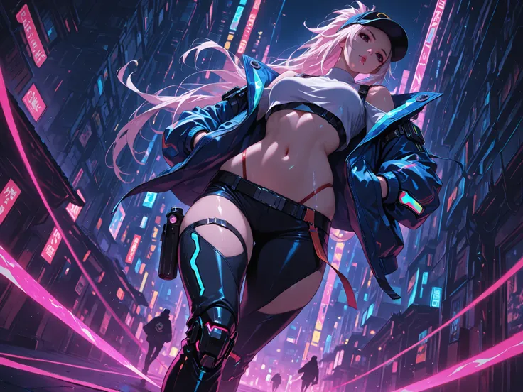 rap , masterpiece, mejor calidad, vibrant, very aesthetic, High contrast, semrealista, newest,
landscape, Neon border light , dark, 1girl, medium breasts, wide hips, huge butt, thick thighs, negro (low leg:1.3) leggings, White shirt with crop top cut, (Neo...