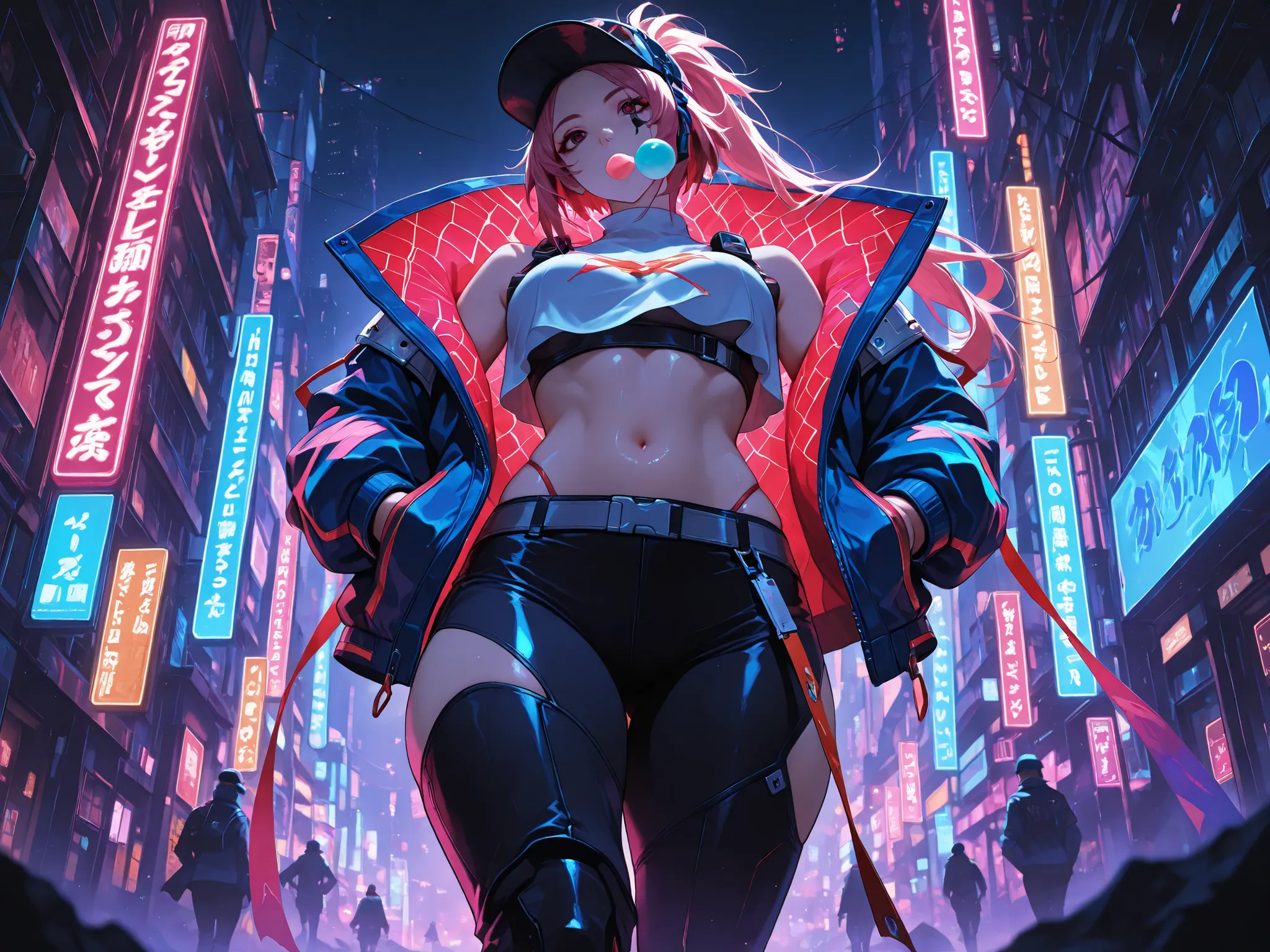 rap , masterpiece, mejor calidad, vibrant, very aesthetic, High contrast, semrealista, newest,
landscape, Neon border light , dark, 1girl, medium breasts, wide hips, huge butt, thick thighs, negro (low leg:1.3) leggings, White shirt with crop top cut, (Neo...