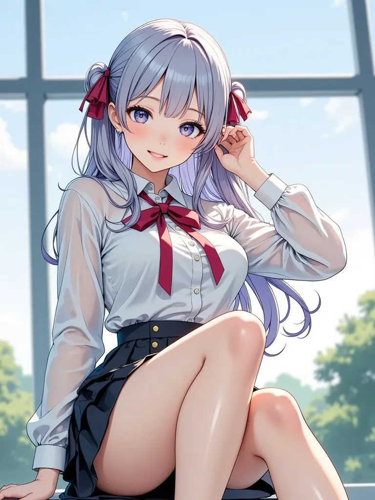 (masterpiece,  computer, mejor quality,  Clear focus, shadow, anime-style, ultra high resolution, 8K, perfect anatomy, Perfect Face, (detailed face), (  Detailed eye  ), score_9, score_8_above, score_7_above, score_6_above, score_5_above, score_4_above,  source _animated, Label 1, Label2, quality_masterpiece, Anatómicamente Correcto, beautiful face, Perfect Face, Beautiful and highly detailed face and eyes, Attractive face, detailed face, Delicate facial features, detailed skin, huge breasts, breast size cup D or DD, wide hips, gigantic butt, thick thighs. looking at the spectator. Anime style illustration of a beautiful woman with an elegant and sensual look. An attractive and voluptuous young anime woman with fair skin, sweet expression and direct look. Young and attractive anime girl, in Japanese style with long hair, color and silver or white with purple reflections, tied partially with a red ribbon on one side. She has large, shiny eyes of a smooth light blue, and a cheerful expression with a slight smile. She wears a school uniform composed of a white shirt Jada, slightly transparent, that adheres to her body revealing details of the skin underneath; she wears a decorative red ribbon around her neck. She also wears a dark pleated short skirt with white details and gold buttons. The girl is sitting with one leg crossed on another, in a relaxed and flirty pose.
