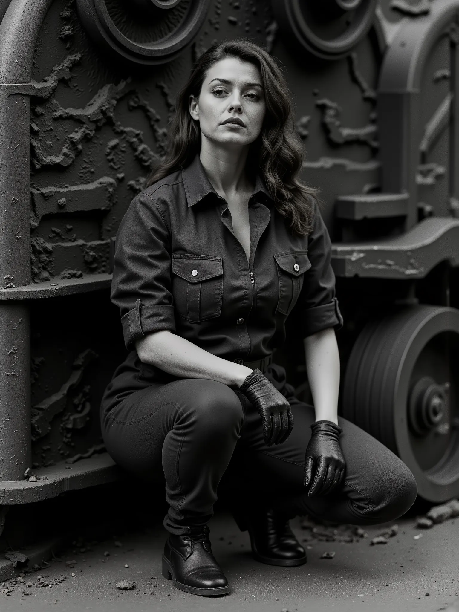 Ultra-realistic black-and-white image of a strong, confident female machine operator captured in the aesthetic of Ilford film. She poses in a high-fashion editorial style against a dark, industrial-inspired backdrop, wearing a tailored utility jumpsuit sli...