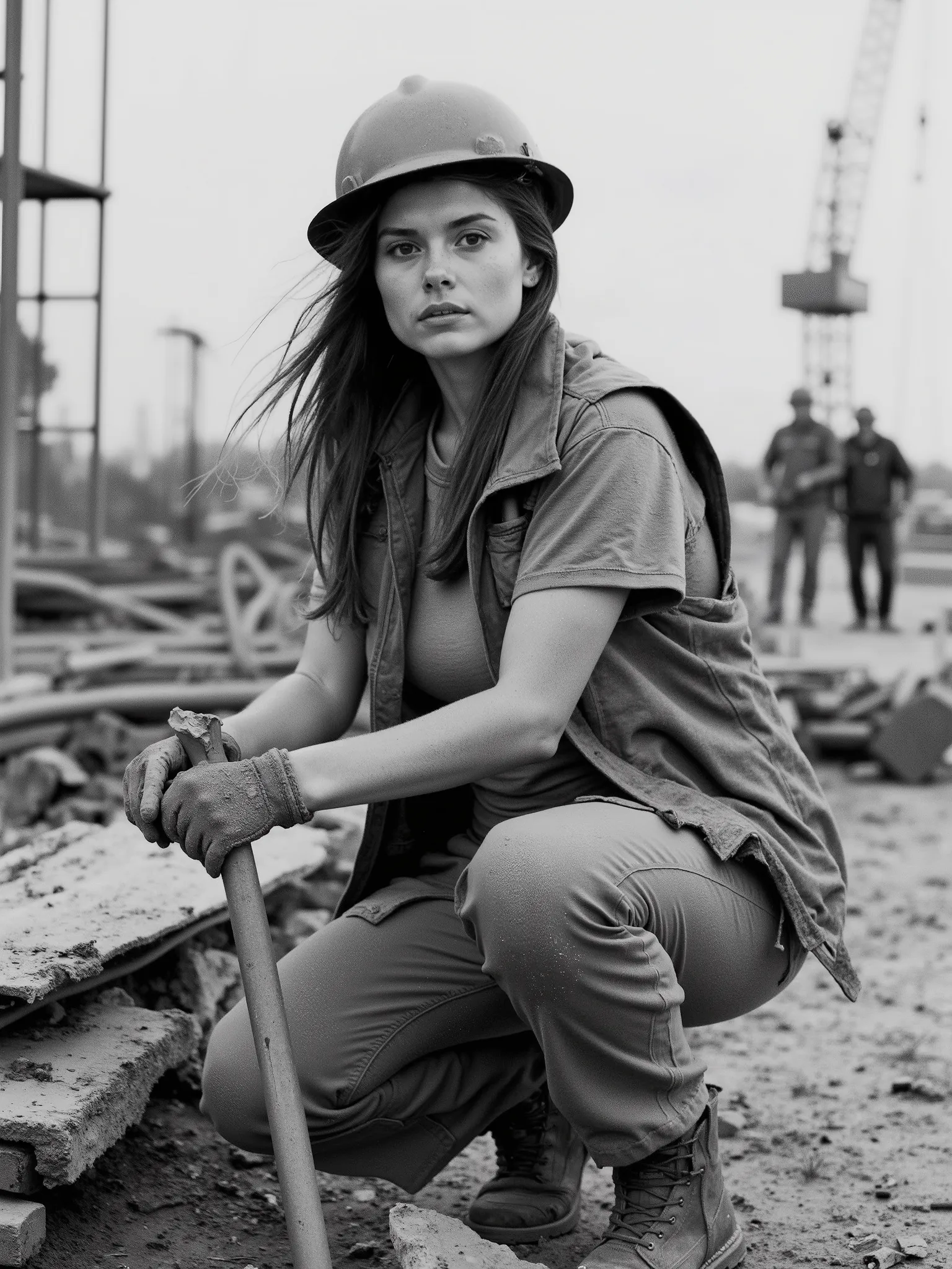 Ultra-realistic outdoor image of a resilient female construction worker, captured in the raw, grain-rich aesthetic of a black-and-white cine-documentary, reminiscent of Ilford HP5+ film. She is shown in a natural candid moment on a dusty construction site ...