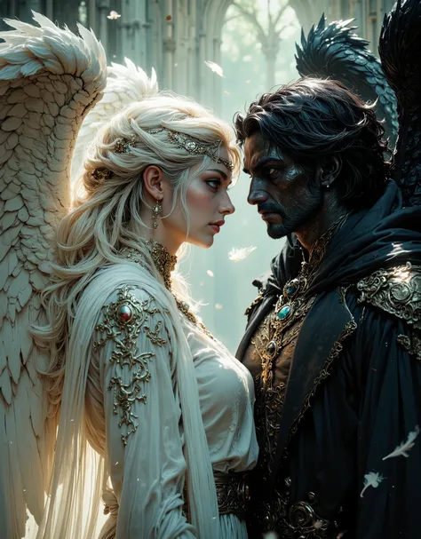 Two angels in profile looking at each other. full body, majestic wings. One represents light and the other darkness. Both are wearing intricately detailed clothing and are set in an ethereal environment. Beautiful lighting, raw photography, floating feathe...