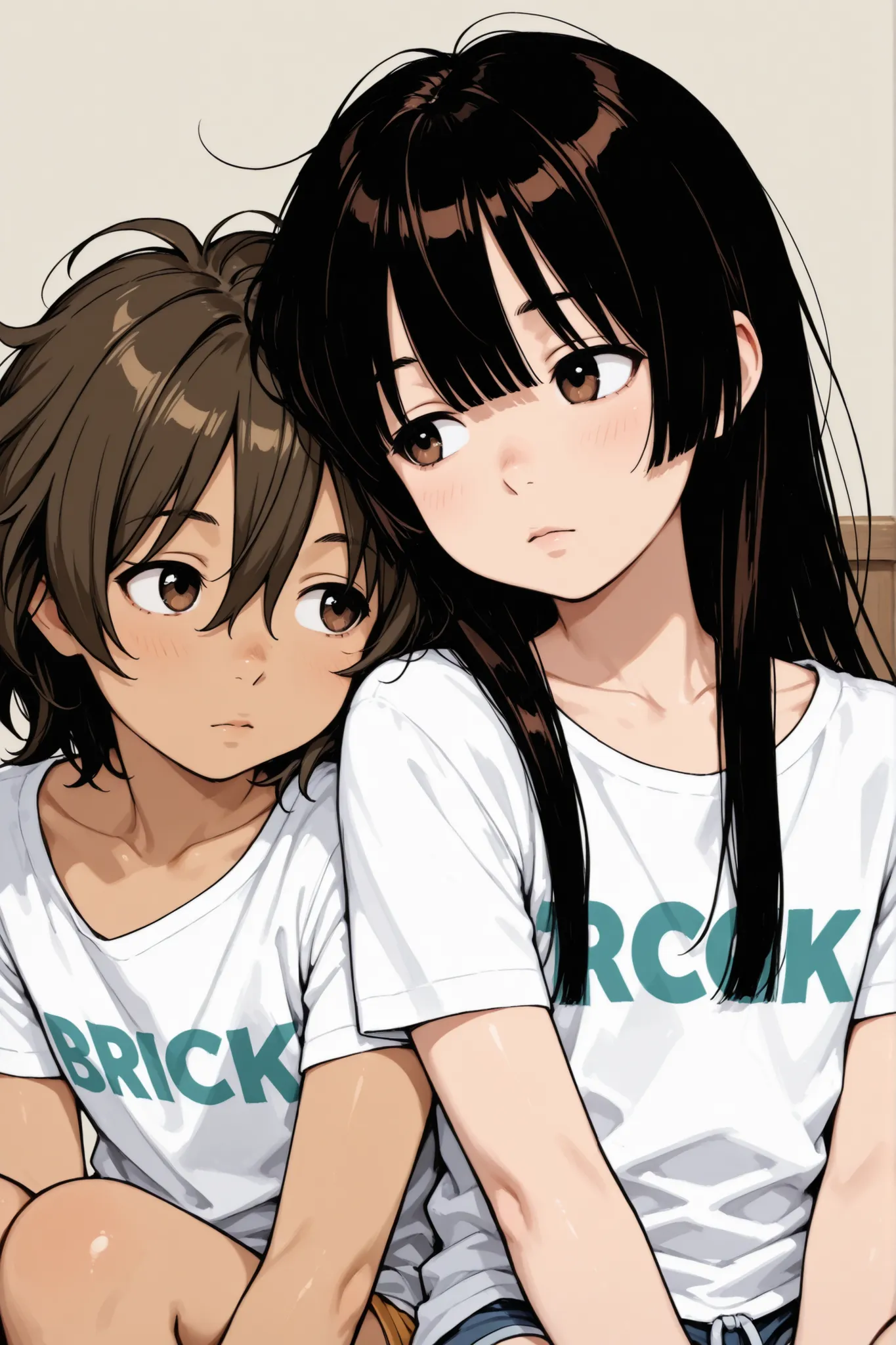 ((2girls)),masterpiece,portrait,(pinup), (tanned skin:0.3),
2girls, sitting on bed, side-by-side, (leaning on person:1.2), looking at another, 
 flat chest,,brown eyes,T-shirt, shorts,(blush:0.5),(nose blush:0.5),
BREAK
(left girl), ((medium layered hair, ...