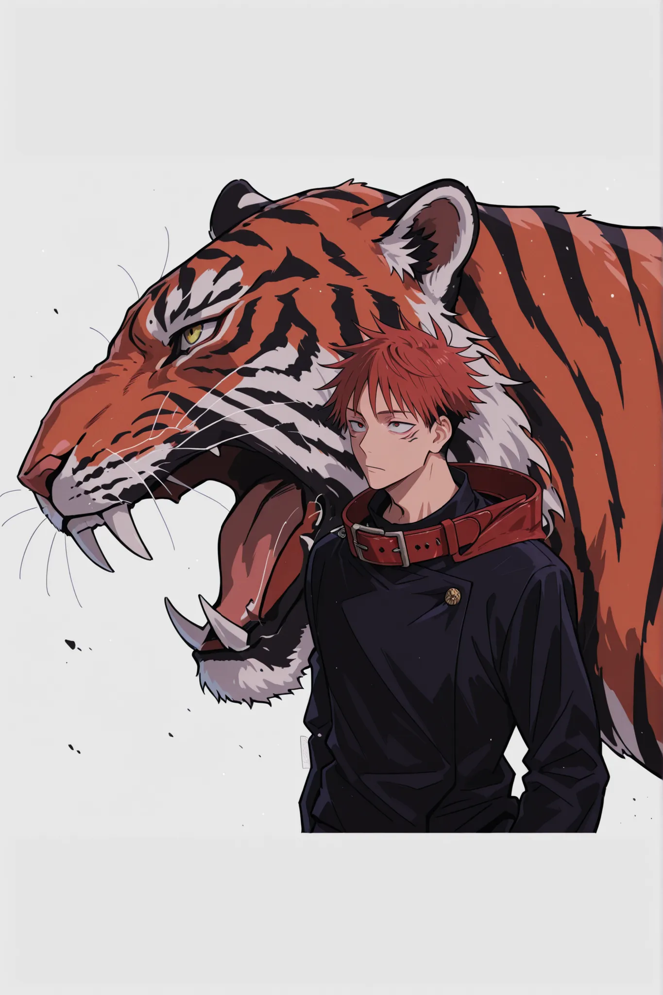 anime character with tiger head and red collar and black shirt, tiger_beast, ((tiger)), anthropomorphic tiger, animation style looking up, animation style looking up로, by Kamisaka Sekka, Jujutsu Kaisen, 남자 animation style looking up, 장대한 animation style lo...
