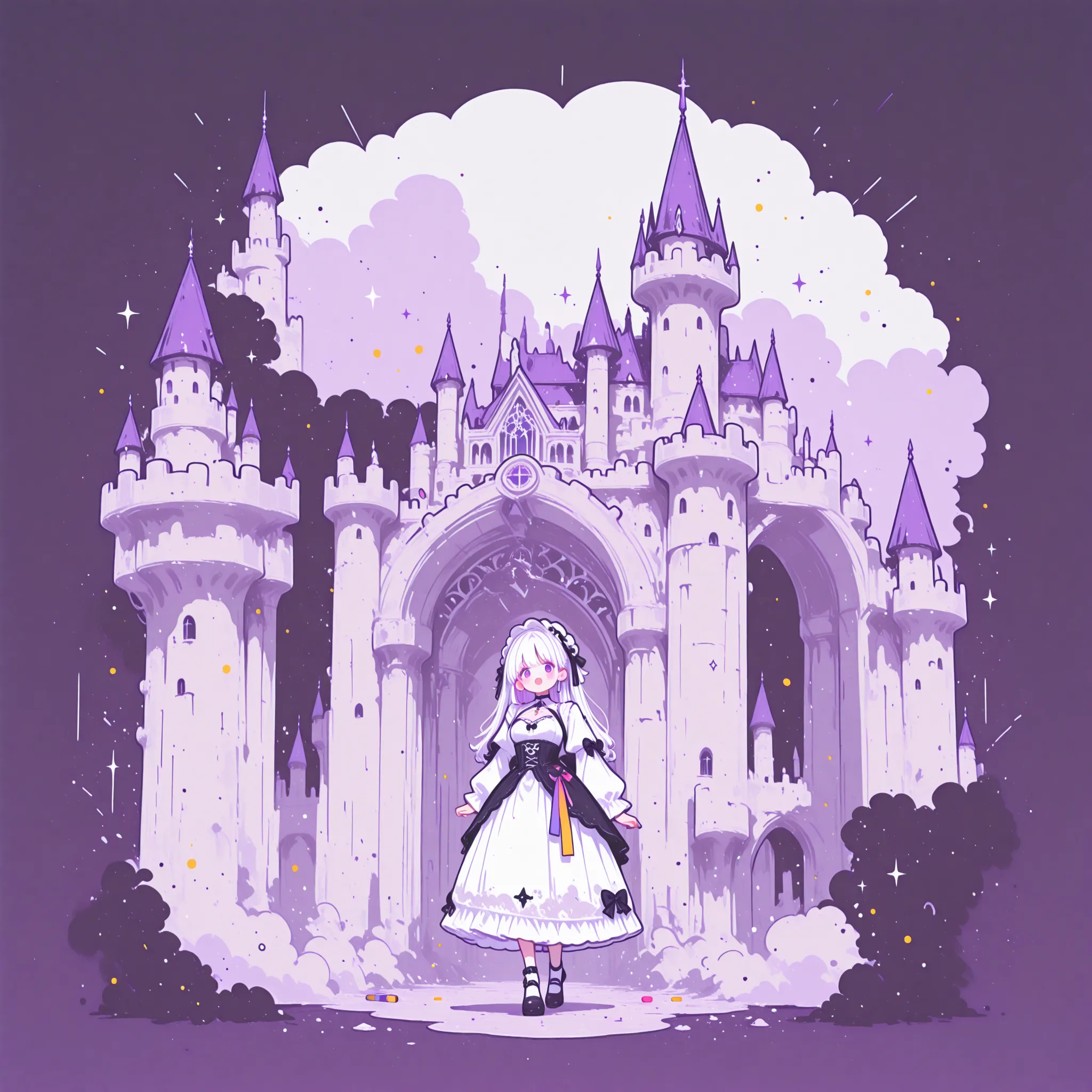 using a crayon-like texture and rough, playful lines, 1 girl,castle background, white goth outfit, masterpiece, rich contrast,4K, intricate