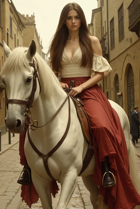 Photorealistic and painterly image inspired by John Collier’s Lady Godiva, reimagined with accurate historical detail. Lady Godiva rides side-saddle on a white horse draped in rich red cloth through a silent, empty medieval town. Her long, flowing brown ha...