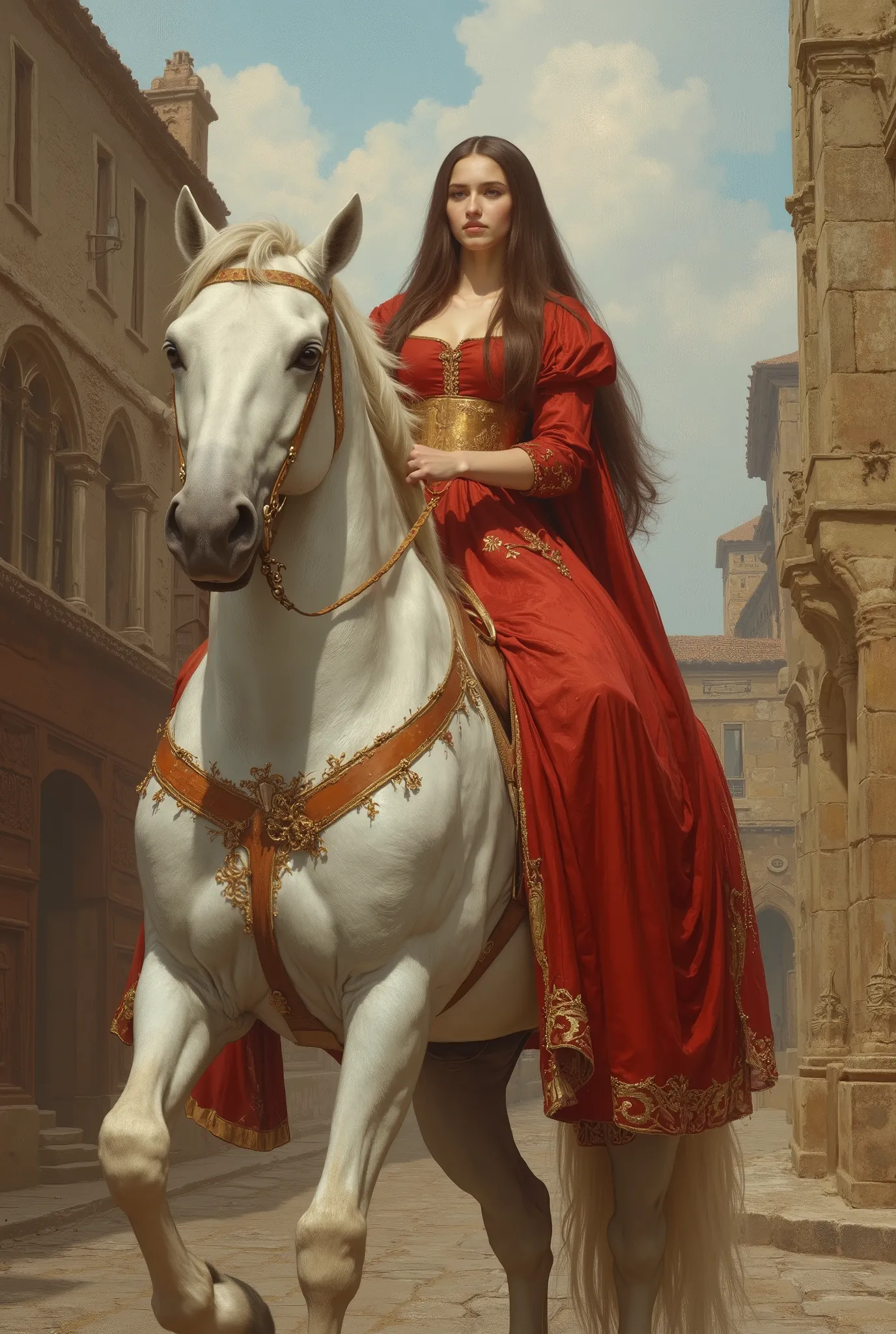 Photorealistic and painterly image inspired by John Collier’s Lady Godiva, reimagined with accurate historical detail. Lady Godiva rides side-saddle on a white horse draped in rich red cloth through a silent, empty medieval town. Her long, flowing brown ha...