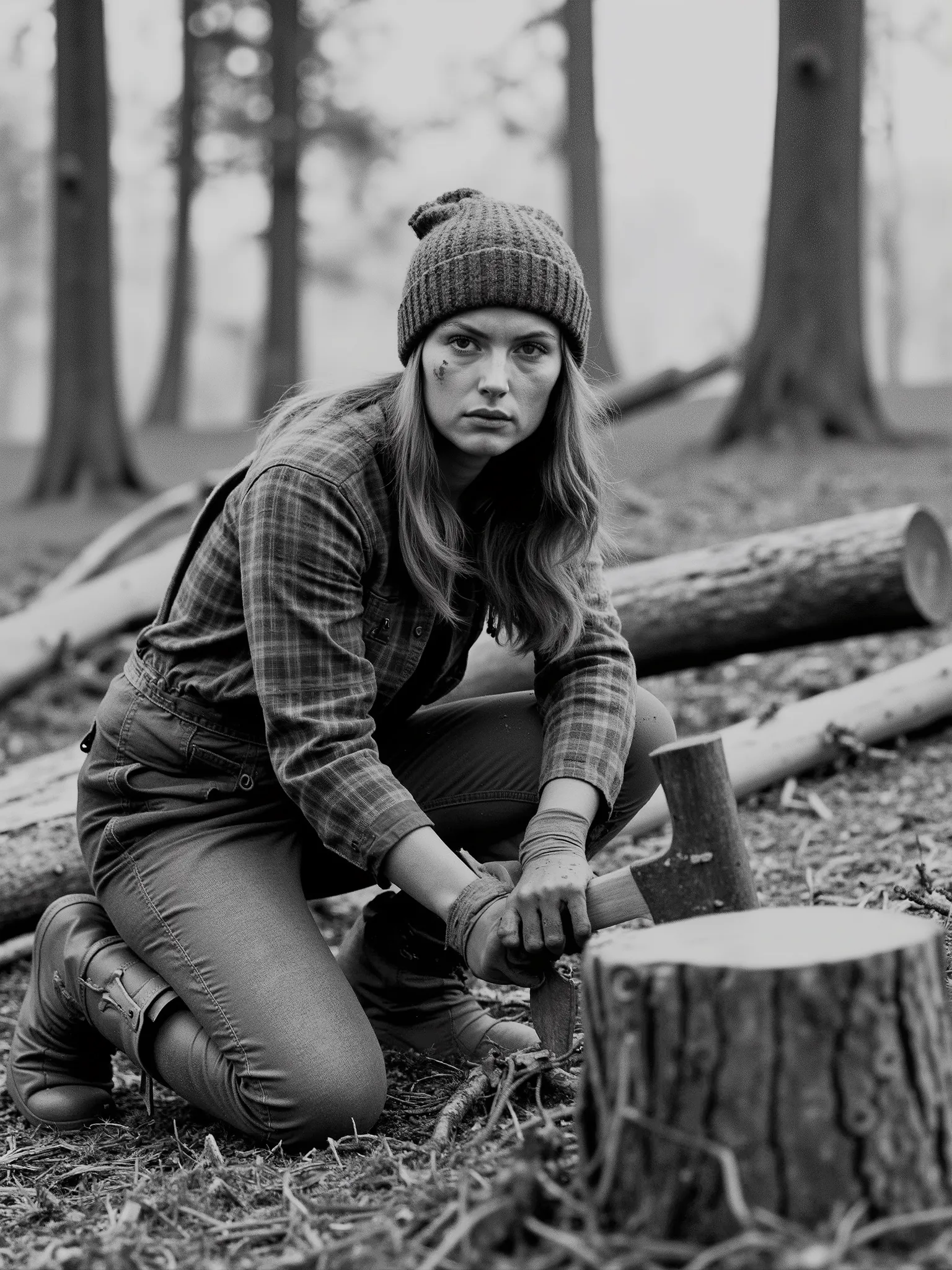 Ultra-realistic black-and-white outdoor image of a strong female lumberjack, captured in the raw and timeless style of a cine-documentary, using the grain-rich aesthetic of Ilford HP5+ film. She is seen kneeling in a forest clearing surrounded by fallen lo...