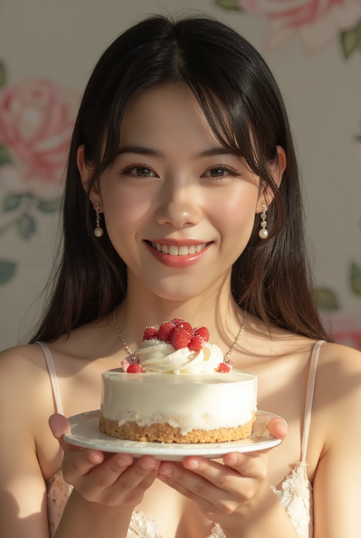 beautiful girl,holding a delicious cake in hand,smiling,graceful expression,wearing a fashionable dress,High Key Lighting,Dreamy atmosphere,precise description,8K rendering,realistic skin,Painting-like texture,Natural Light,understated colors,deep depth of...